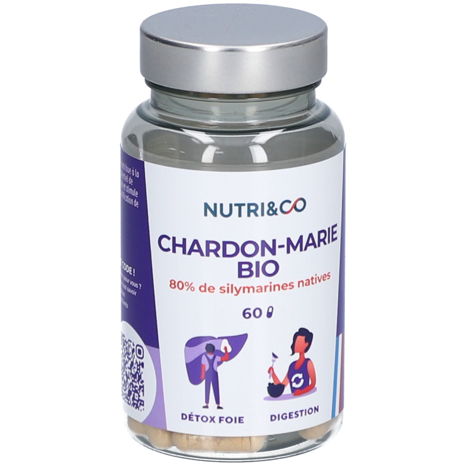 Flacon de gélules NUTRI&CO Chardon-Marie BIO. 60 gélules. Drapeau français. Gélules visibles.