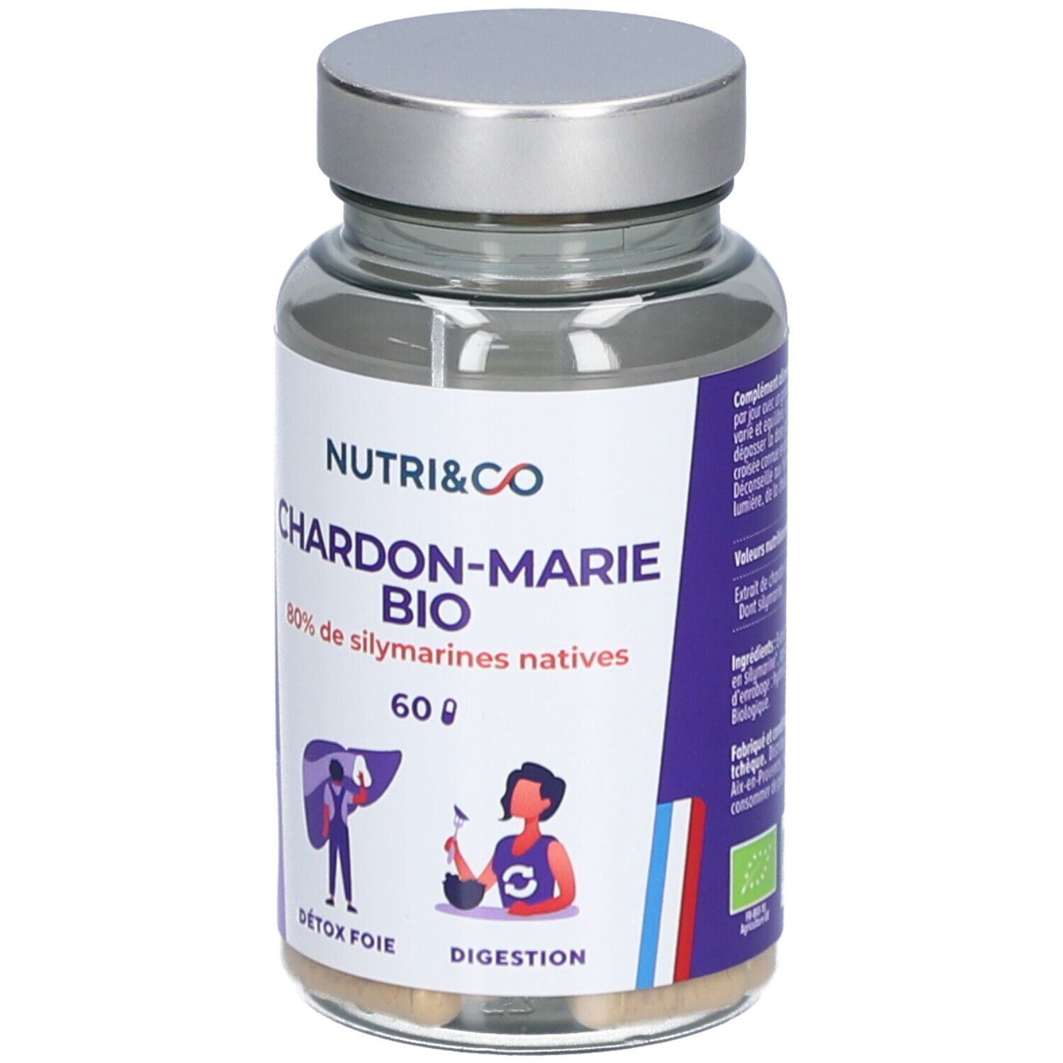 Flacon de gélules NUTRI&CO Chardon-Marie BIO. 60 gélules. Drapeau français. Gélules visibles.