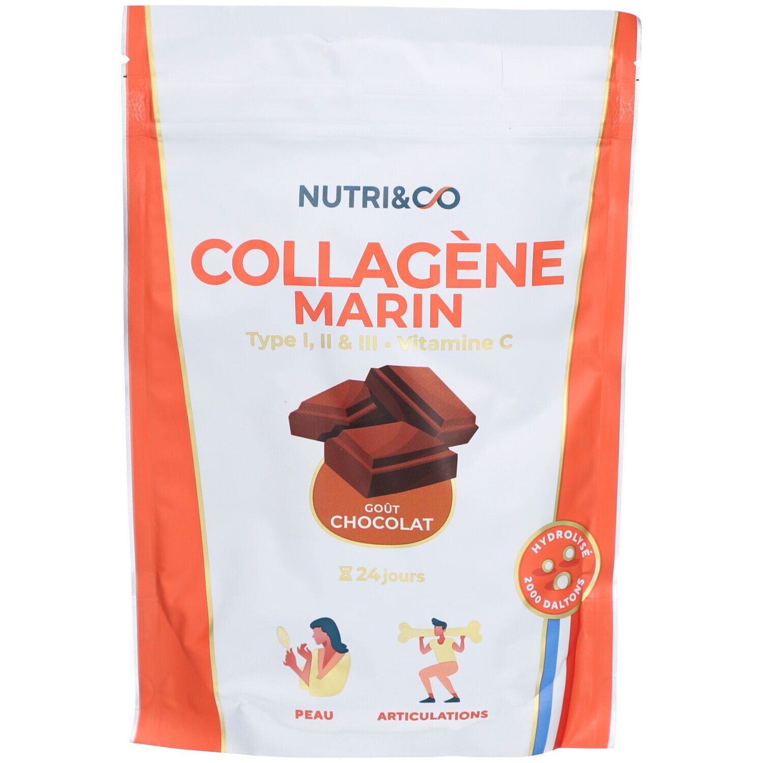 Beutel mit NUTRI&CO Collagène Marin, Schokoladengeschmack. Enthält Typ I, II & III, Vitamin C. Französische Flagge.