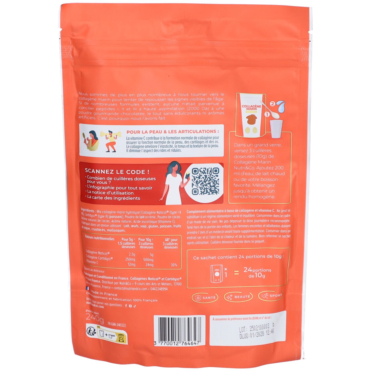 Rückseite des Beutels NUTRI&CO Collagène Marin. Enthält Informationen zu Inhaltsstoffen, Anwendung und Nährwerten.