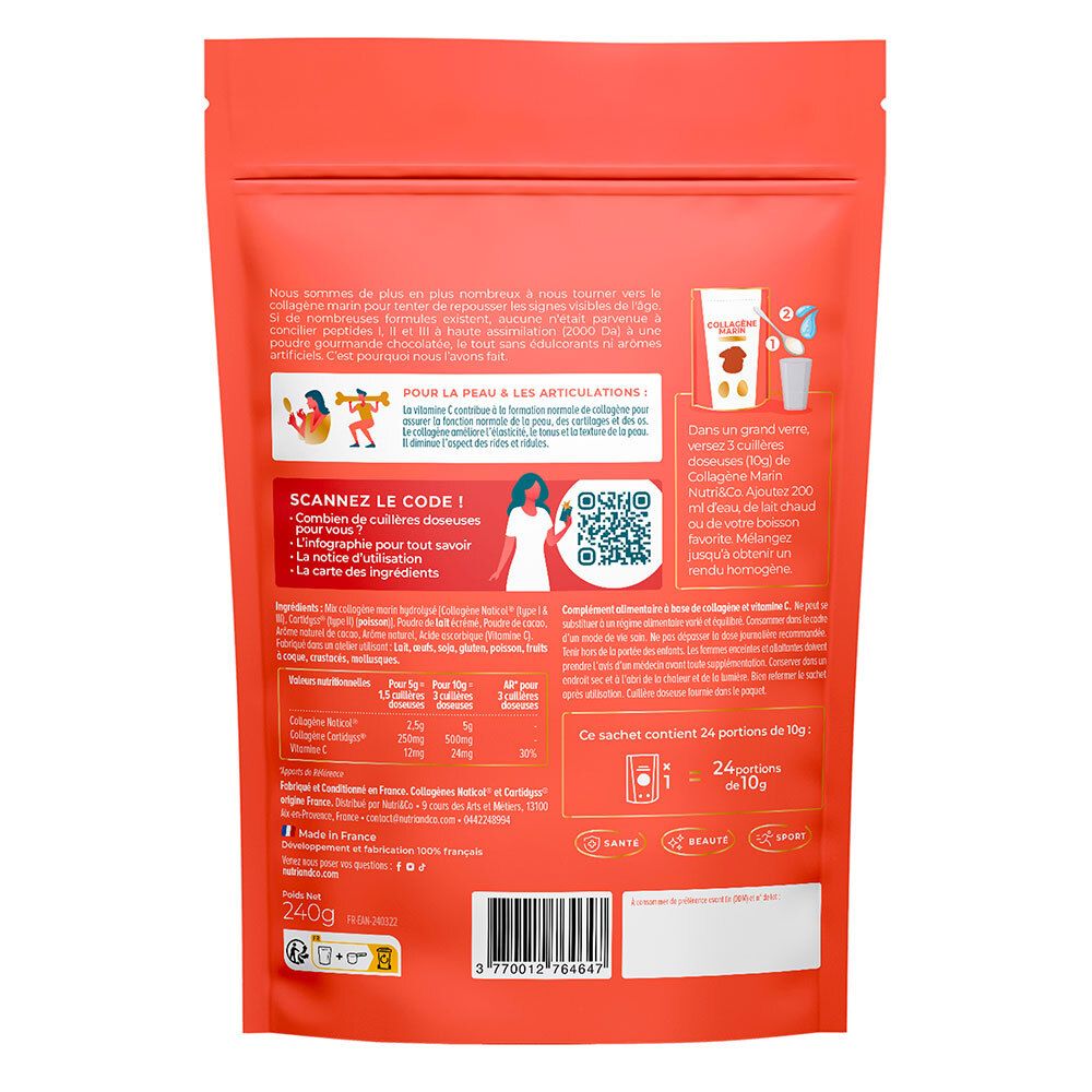 Rückseite des Beutels NUTRI&CO Collagène Marin. Enthält Informationen zu Inhaltsstoffen, Anwendung und Nährwerten.