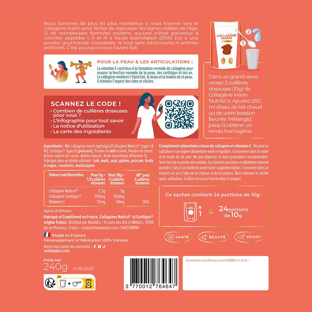 Rückseite des Beutels NUTRI&CO Collagène Marin. Enthält Informationen zu Inhaltsstoffen, Anwendung und Nährwerten.
