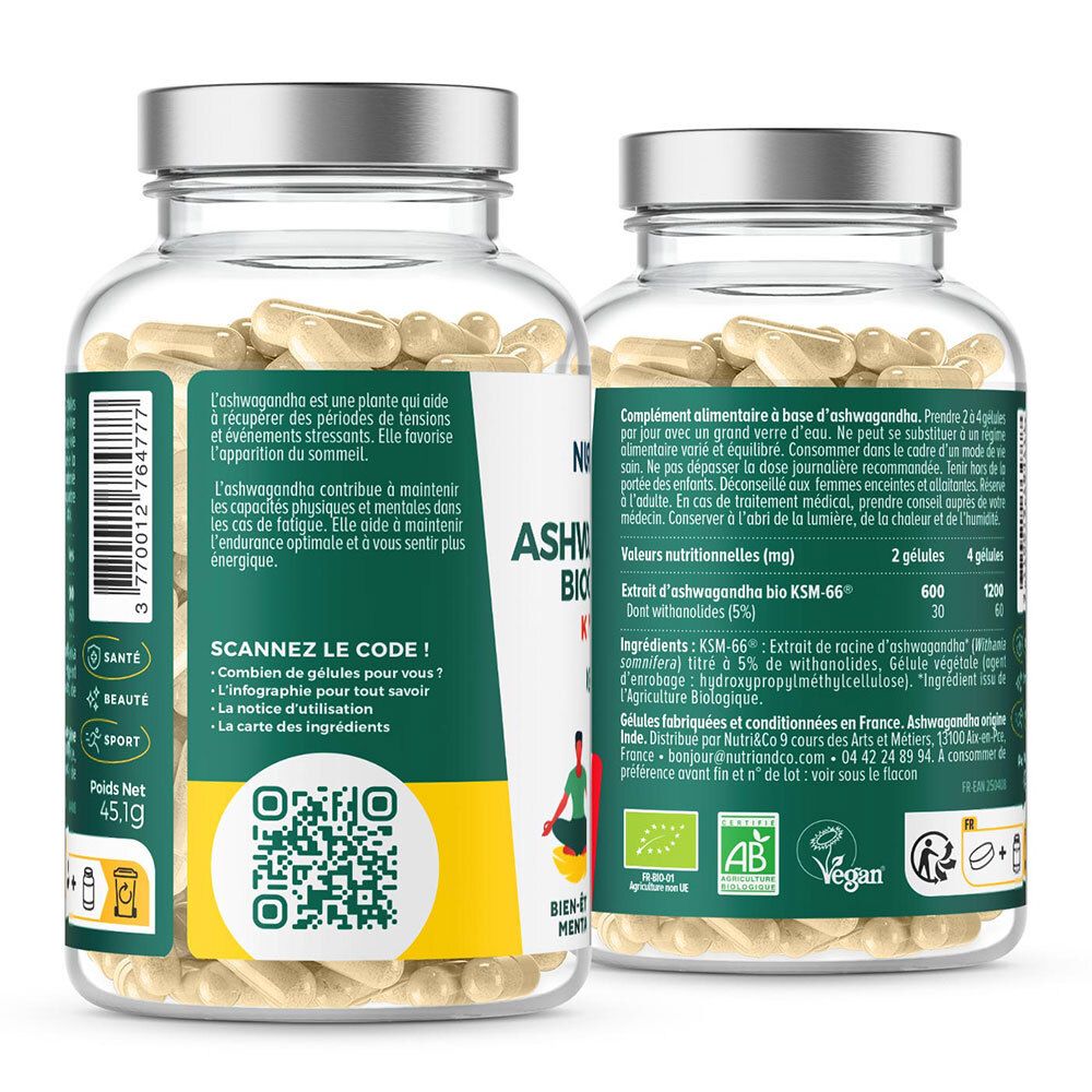 Dos du flacon avec texte, code QR et informations. Labels bio et vegan. Drapeau français.