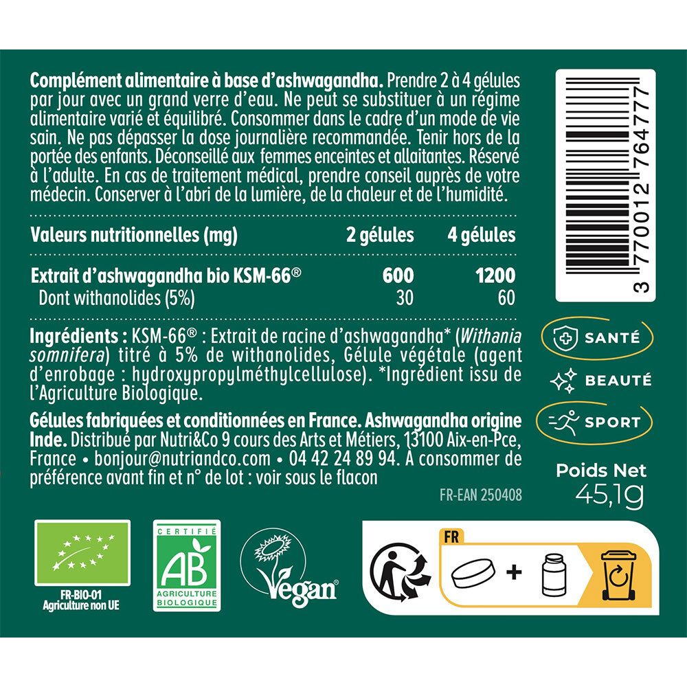 Gros plan du dos du flacon. Texte avec informations nutritionnelles et ingrédients. Labels bio et vegan.