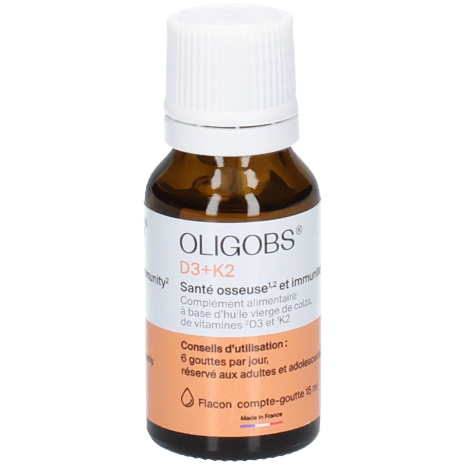 Bernsteinfarbene Glasflasche mit weißem Tropfverschluss. OLIGOBS D3+K2 für Knochengesundheit und Immunität.