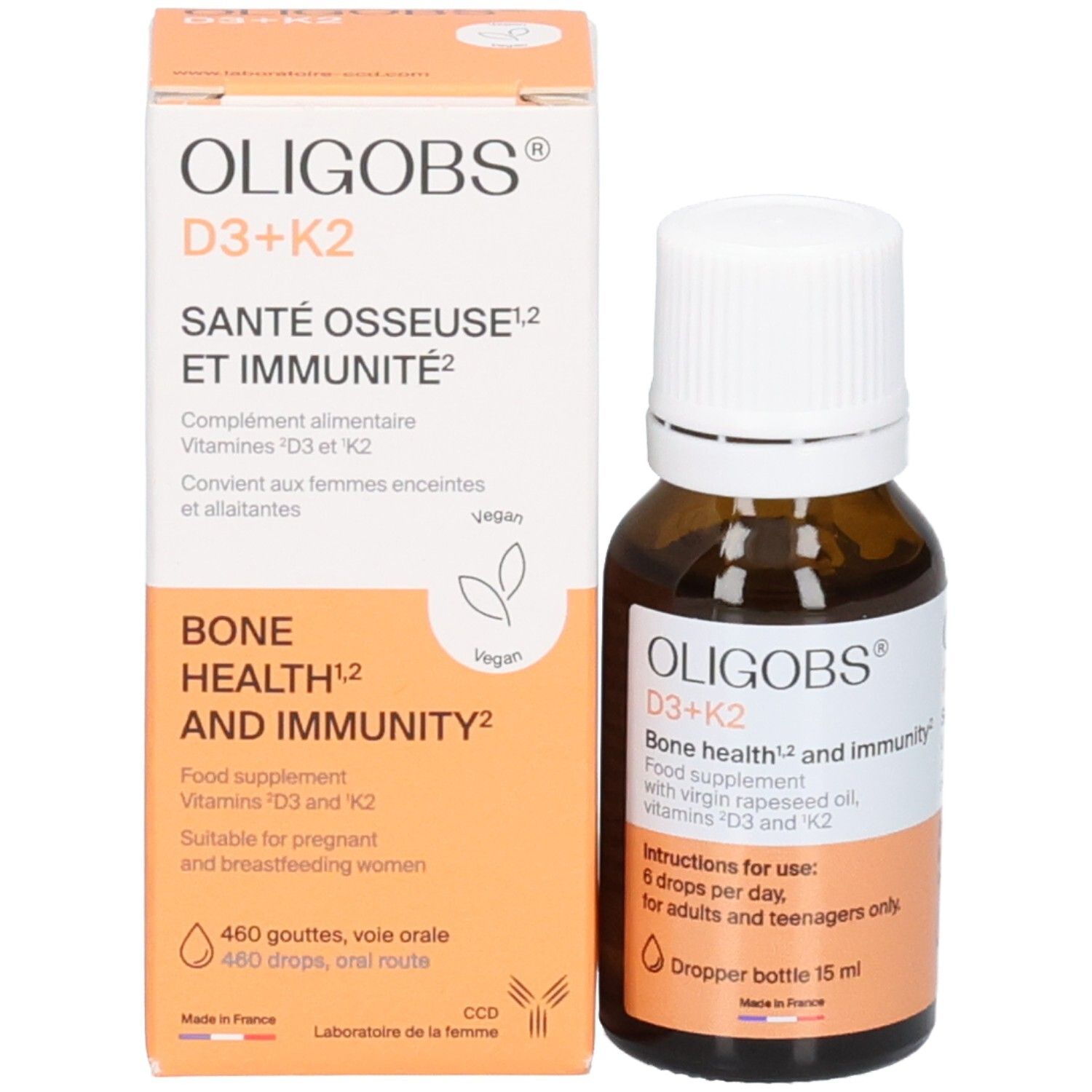 OLIGOBS D3+K2 Flakon und Verpackung. Nahrungsergänzungsmittel für Knochengesundheit und Immunität.