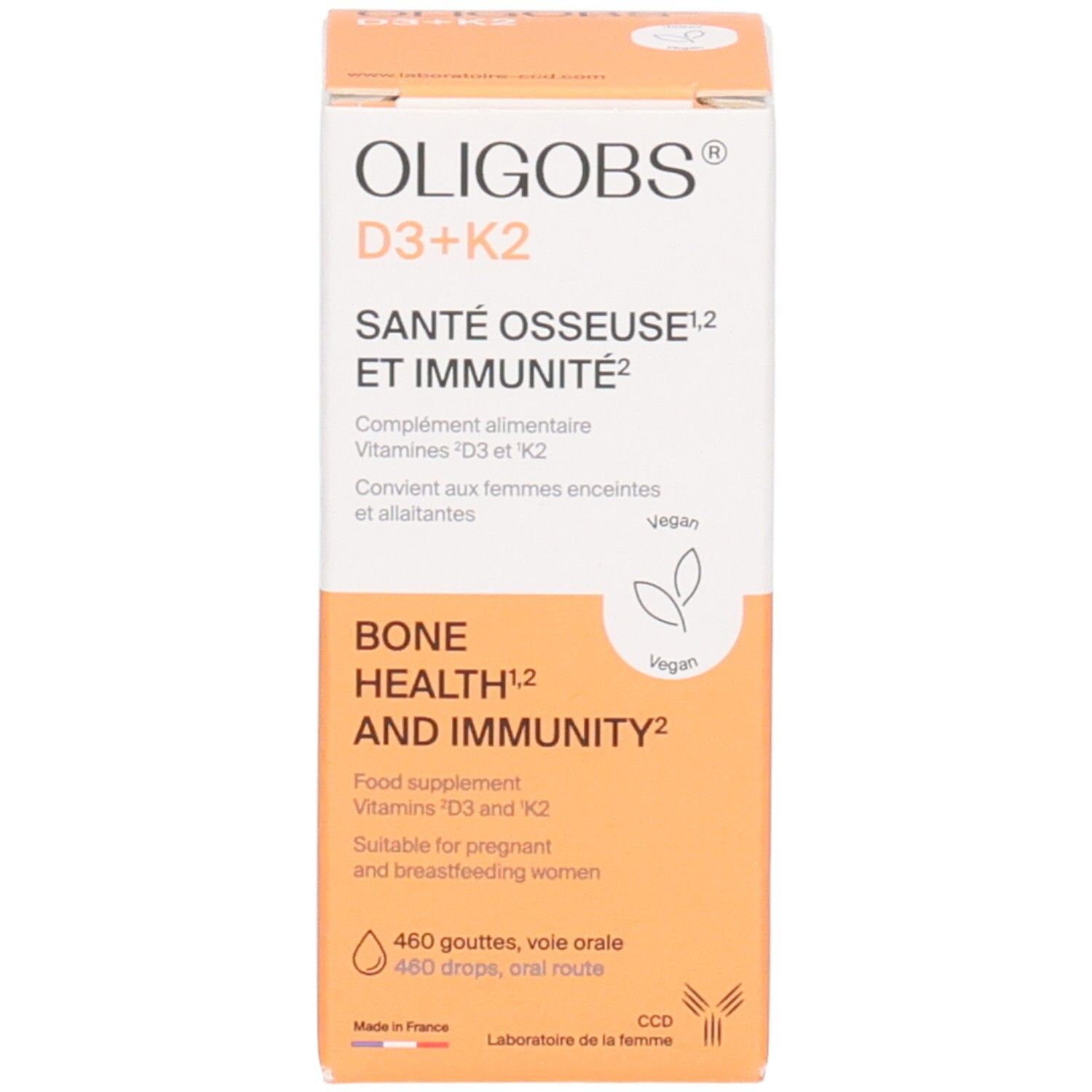 Verpackung und Flakon von OLIGOBS D3+K2. Vegan, für schwangere und stillende Frauen geeignet.