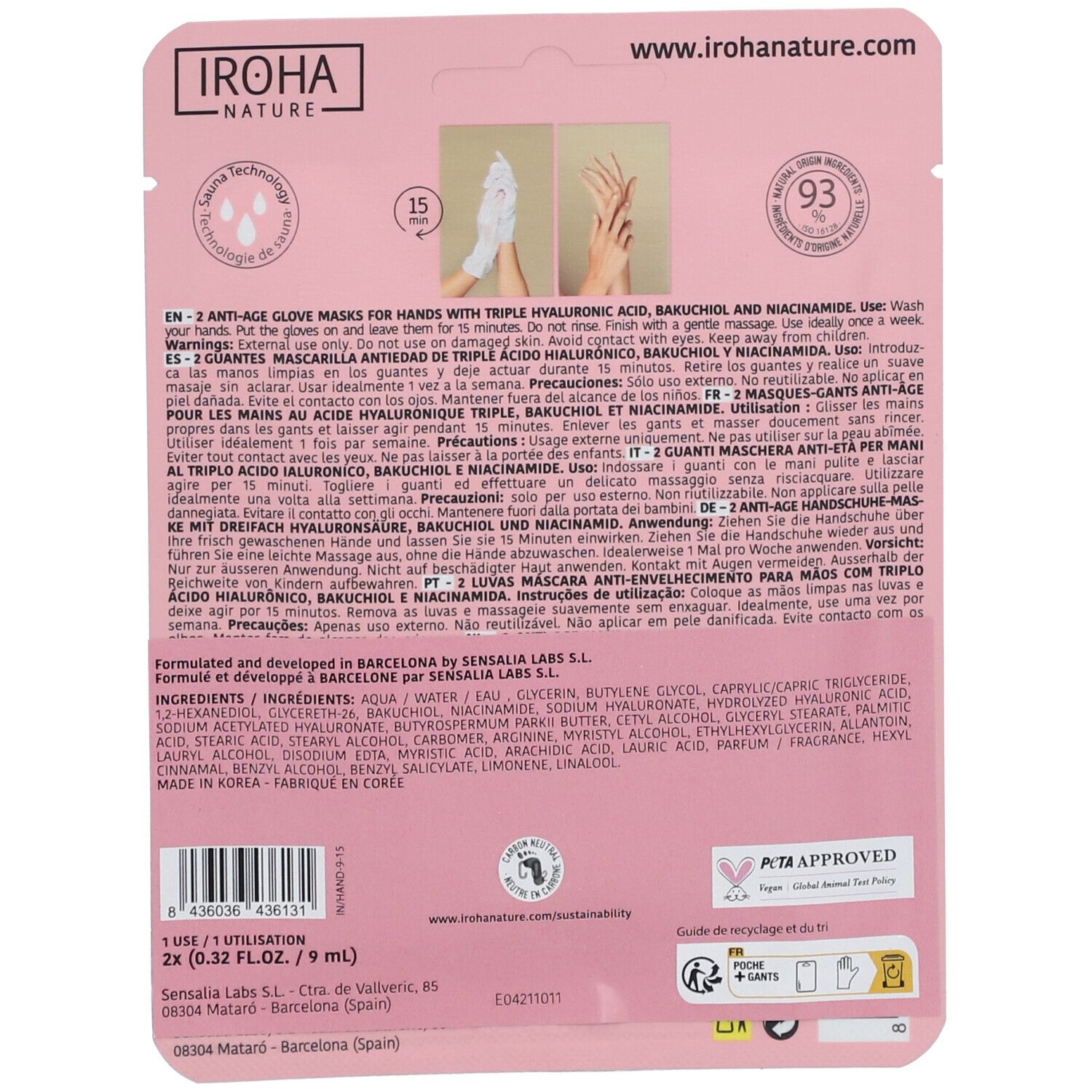 IROHA NATURE Masque gants anti-âge - Triple acide hyaluronique, bakuchiol et niacinamide