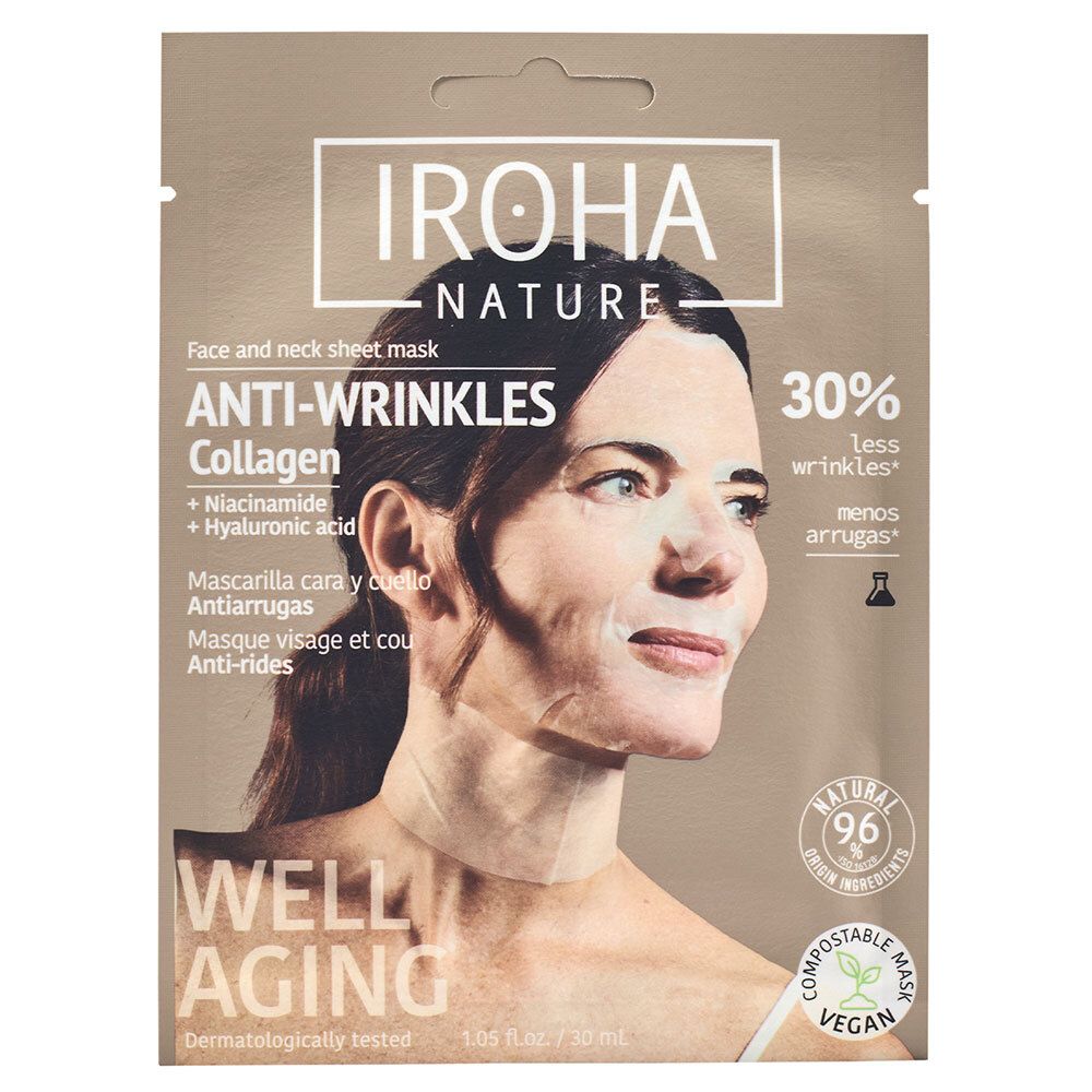 IROHA NATURE Masque en feuille anti-âge pour le visage et le cou - Collagène