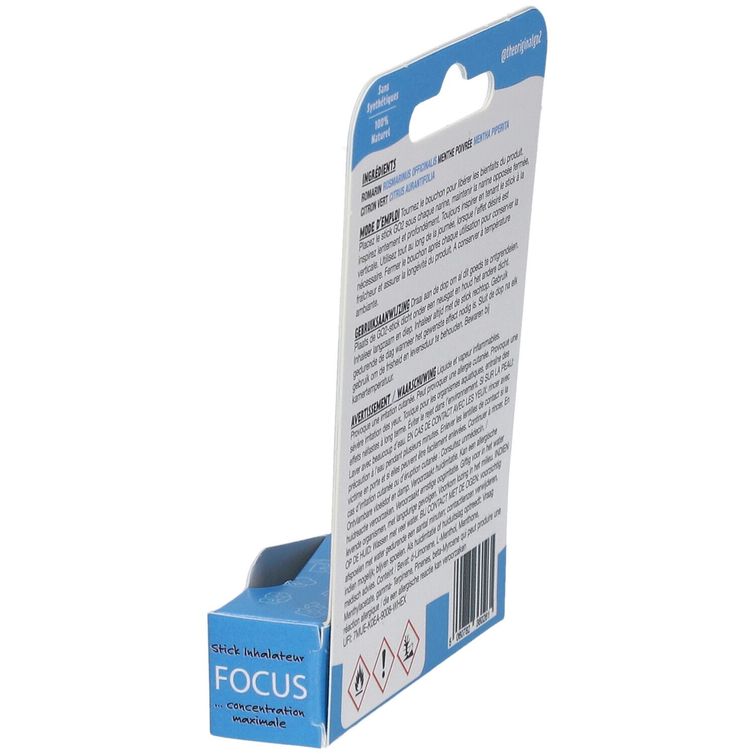 Dos de l'emballage GO2 Focus Stick. Texte en plusieurs langues. Informations sur les ingrédients et l'utilisation.