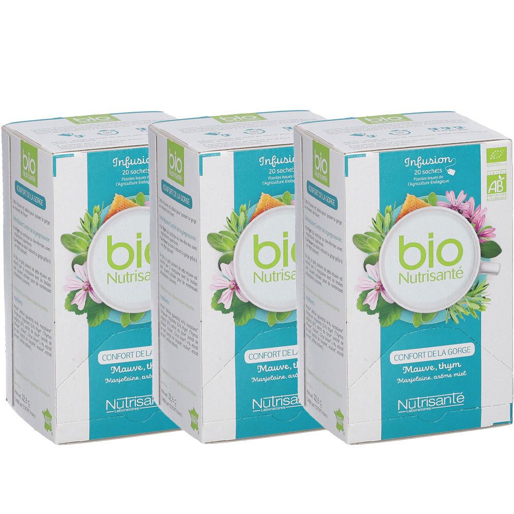 Trois boîtes de tisane. Inscription : BIO, Nutrisanté, Infusion, Confort de la Gorge. Avec label AB Bio.