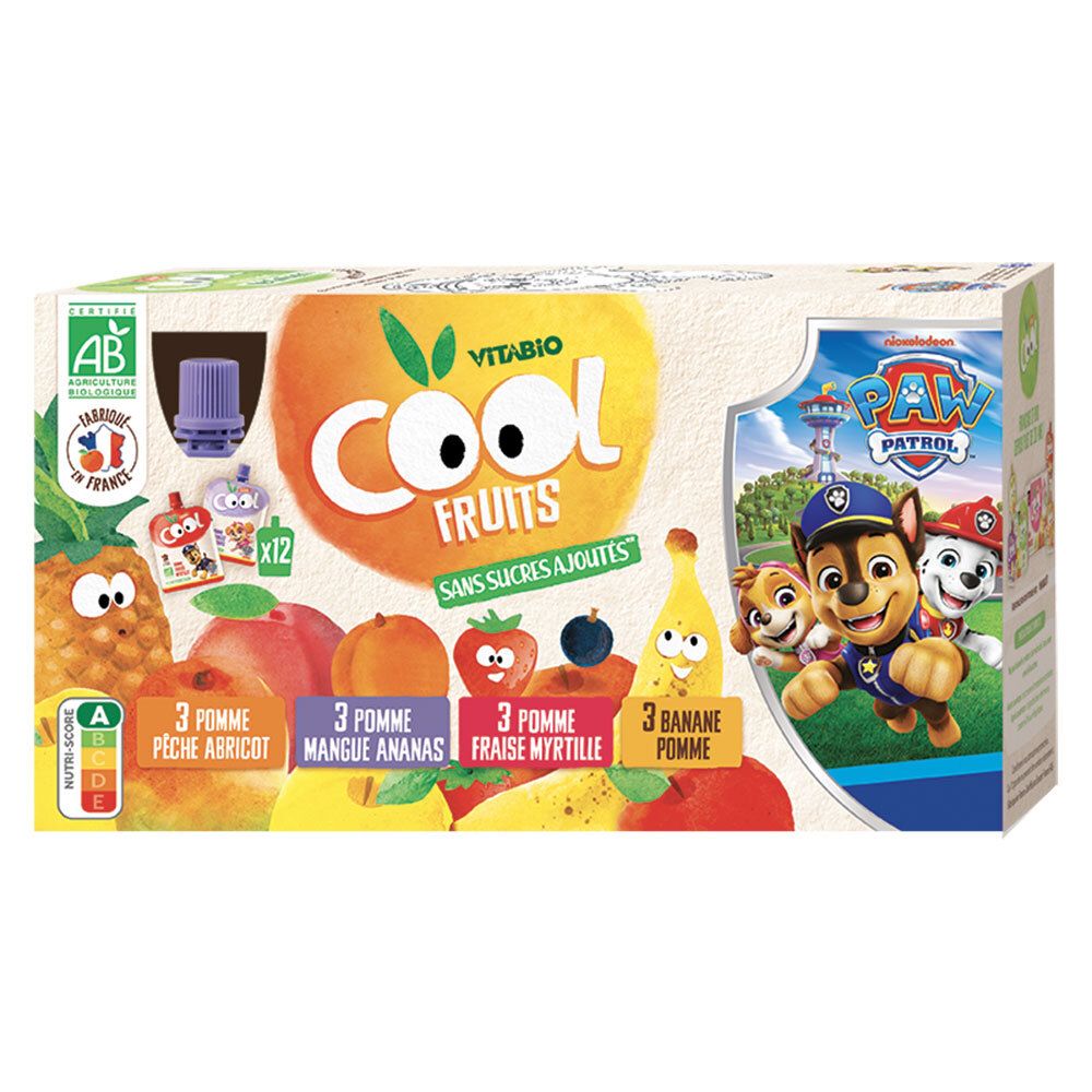 Verpackung von Vitabio COOL FRUITS. Enthält 12 Beutel mit Fruchtpüree. Mit AB-Bio-Siegel und Paw Patrol-Motiv.