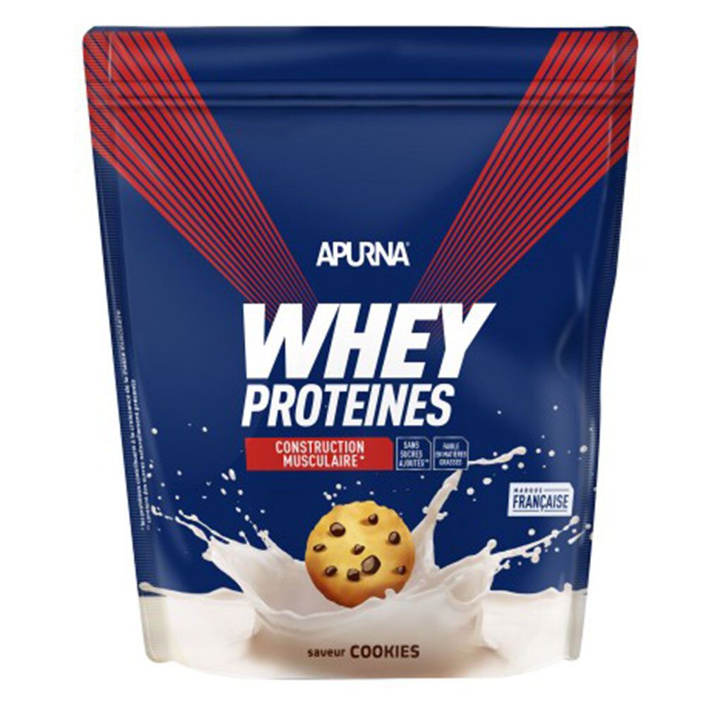 Beutel mit APURNA WHEY PROTEINE COOKIE. Blaue Verpackung mit rotem Akzent. Logo und Produktbezeichnung. Cookie-Abbildung mit Milchspritzer.