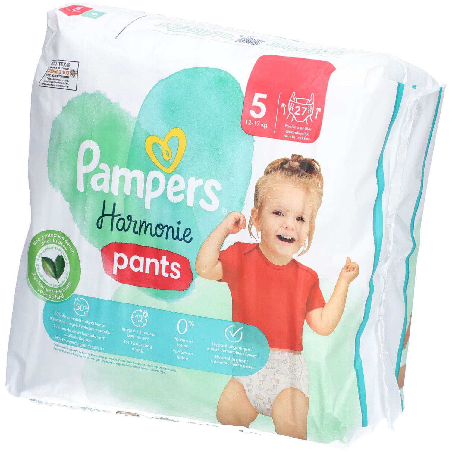 PAMPERS HARMONIE PANTS -  Couche-culotte à enfiler. Taille 5, 12 kg à 17 kg - sac 27