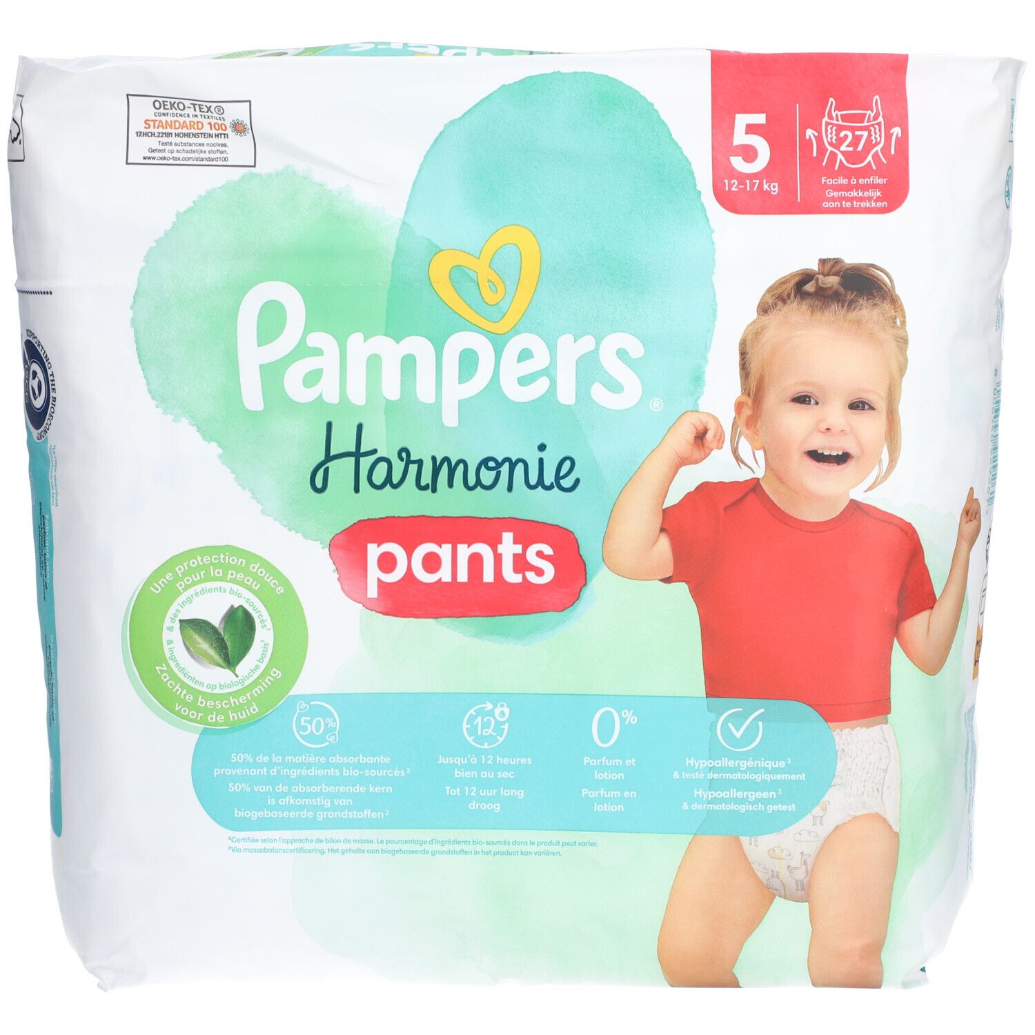PAMPERS HARMONIE PANTS -  Couche-culotte à enfiler. Taille 5, 12 kg à 17 kg - sac 27