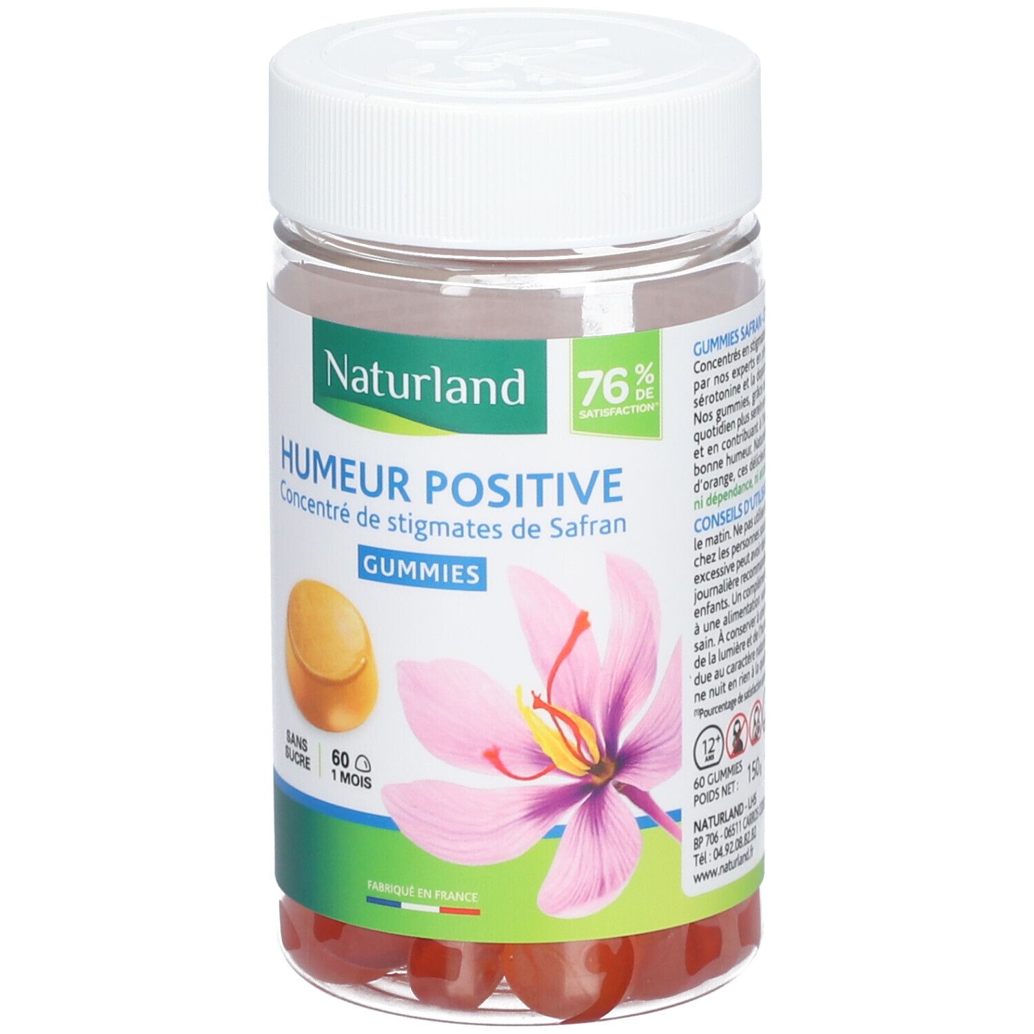 Klare Dose mit Gummibärchen. Etikett mit Naturland-Logo, Text 'Humeur Positive' und Safran-Blüte. 60 Gummis.