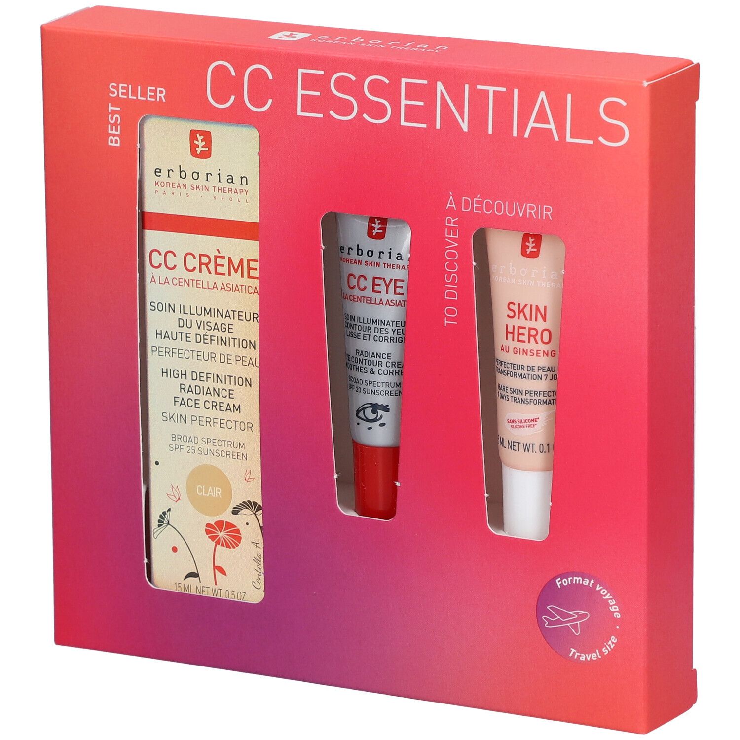 Geschenkset mit drei Produkten. Sichtbar: CC Crème, CC Eye, Skin Hero. Verpackung mit Fenster. Text: CC ESSENTIALS, Clair, Travel size.