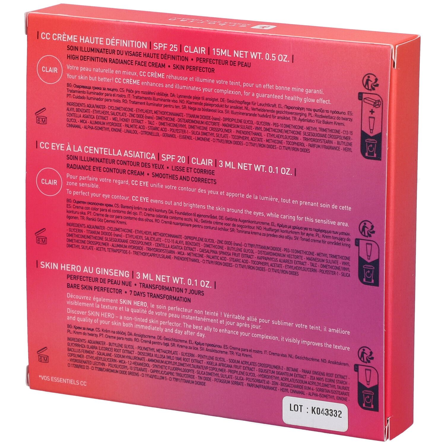 Rückseite des Geschenksets. Text: CC Crème, CC Eye, Skin Hero. Inhaltsangaben in mehreren Sprachen. Farbverlauf von Rot nach Rosa.