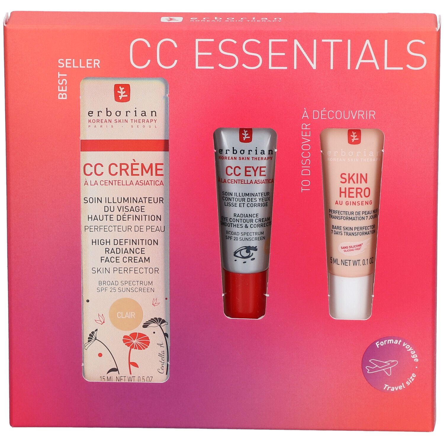 Geschenkset mit drei Produkten. Sichtbar: CC Crème, CC Eye, Skin Hero. Verpackung mit Fenster. Text: CC ESSENTIALS, Clair, Travel size.