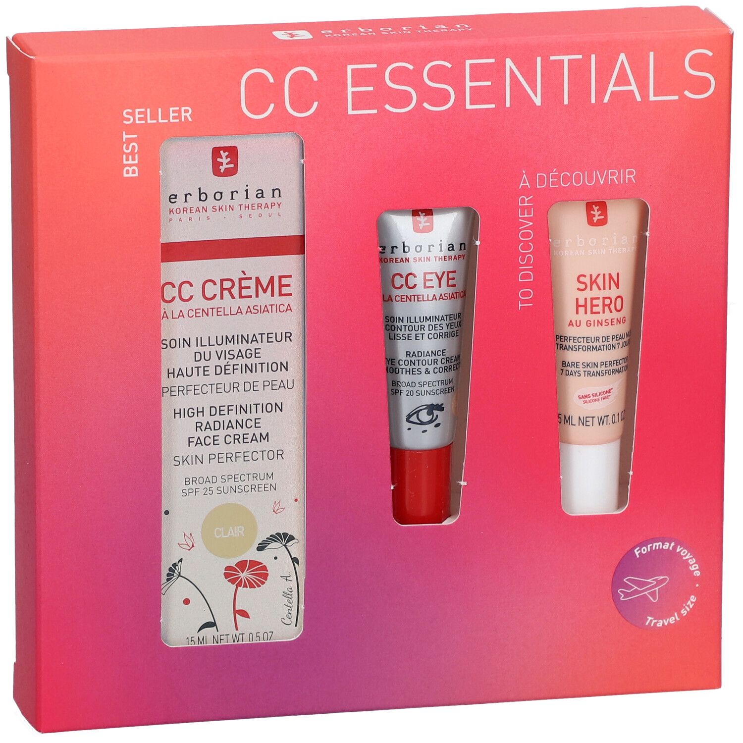 Geschenkset mit drei Produkten. Sichtbar: CC Crème, CC Eye, Skin Hero. Verpackung mit Fenster. Text: CC ESSENTIALS, Clair, Travel size.