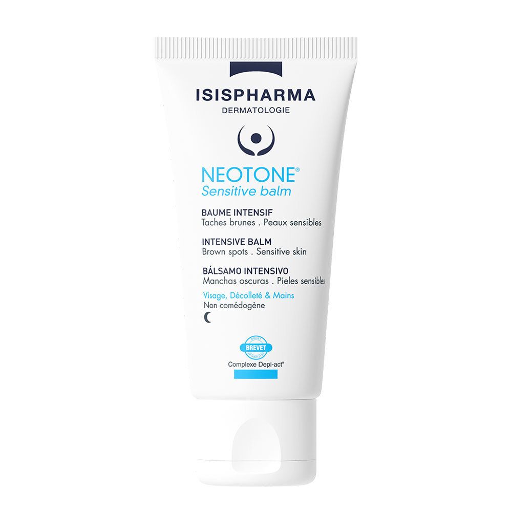 Tube blanche ISISPHARMA Neotone Sensitive Balm. Texte: Baume Intensif, Taches brunes, Peaux sensibles.