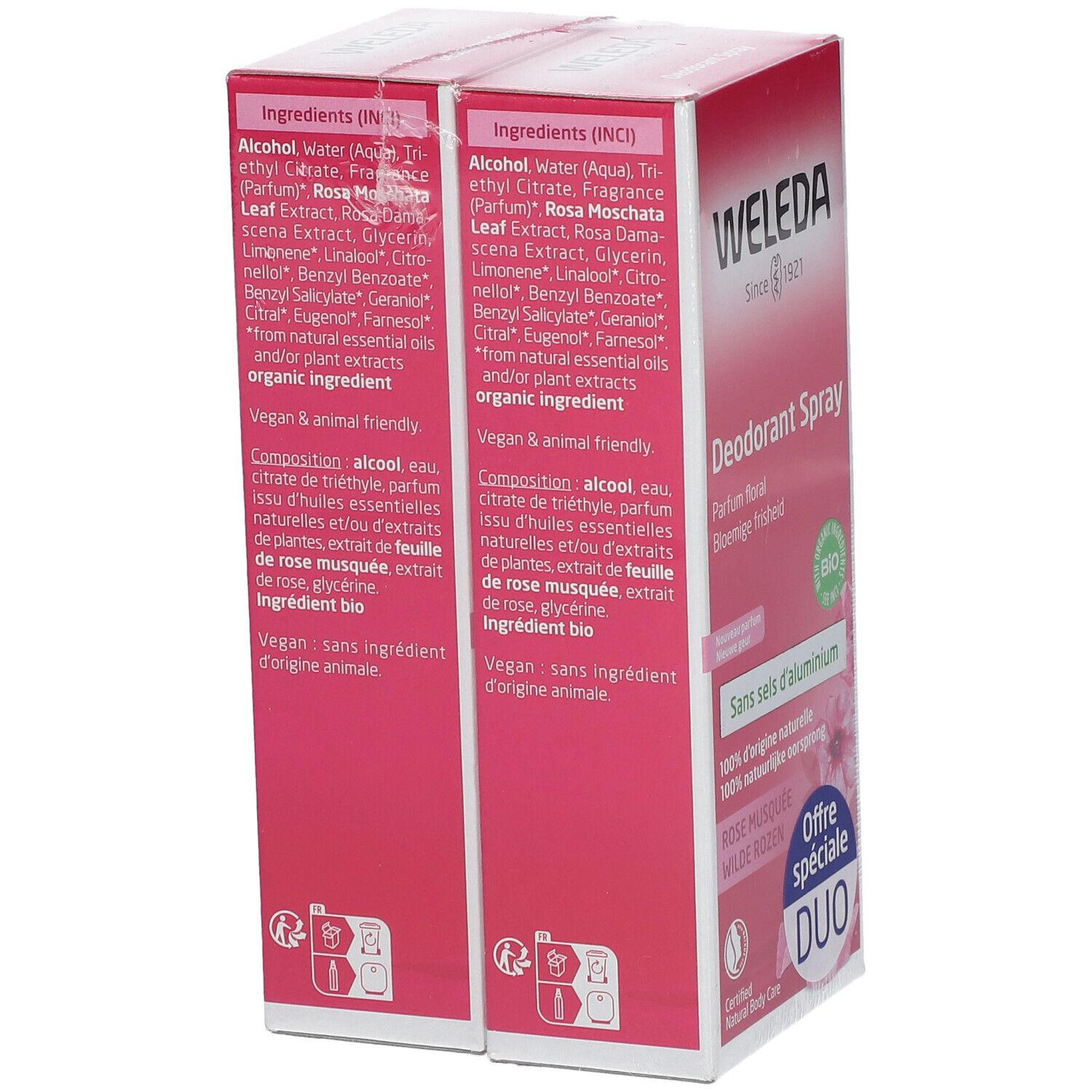 Dos de la double pack Déodorant Spray WELEDA. Ingrédients et informations produit imprimés.
