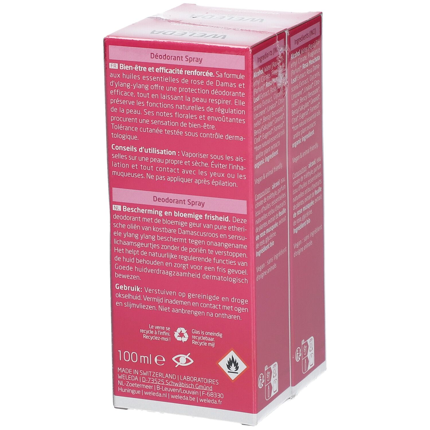 Côté de la double pack Déodorant Spray WELEDA. Description, conseils d'utilisation et symboles de recyclage.