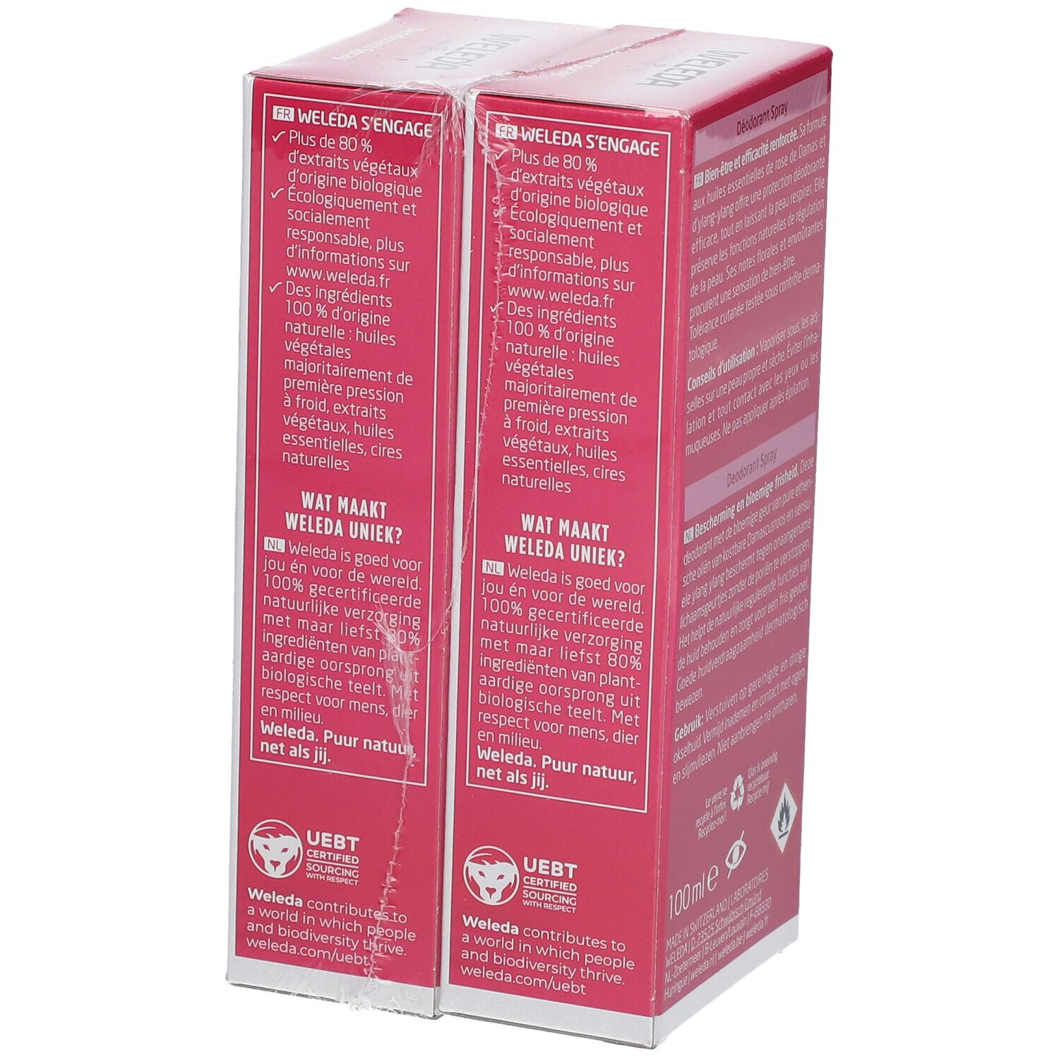 Côté de la double pack Déodorant Spray WELEDA. Informations sur les ingrédients et la durabilité.