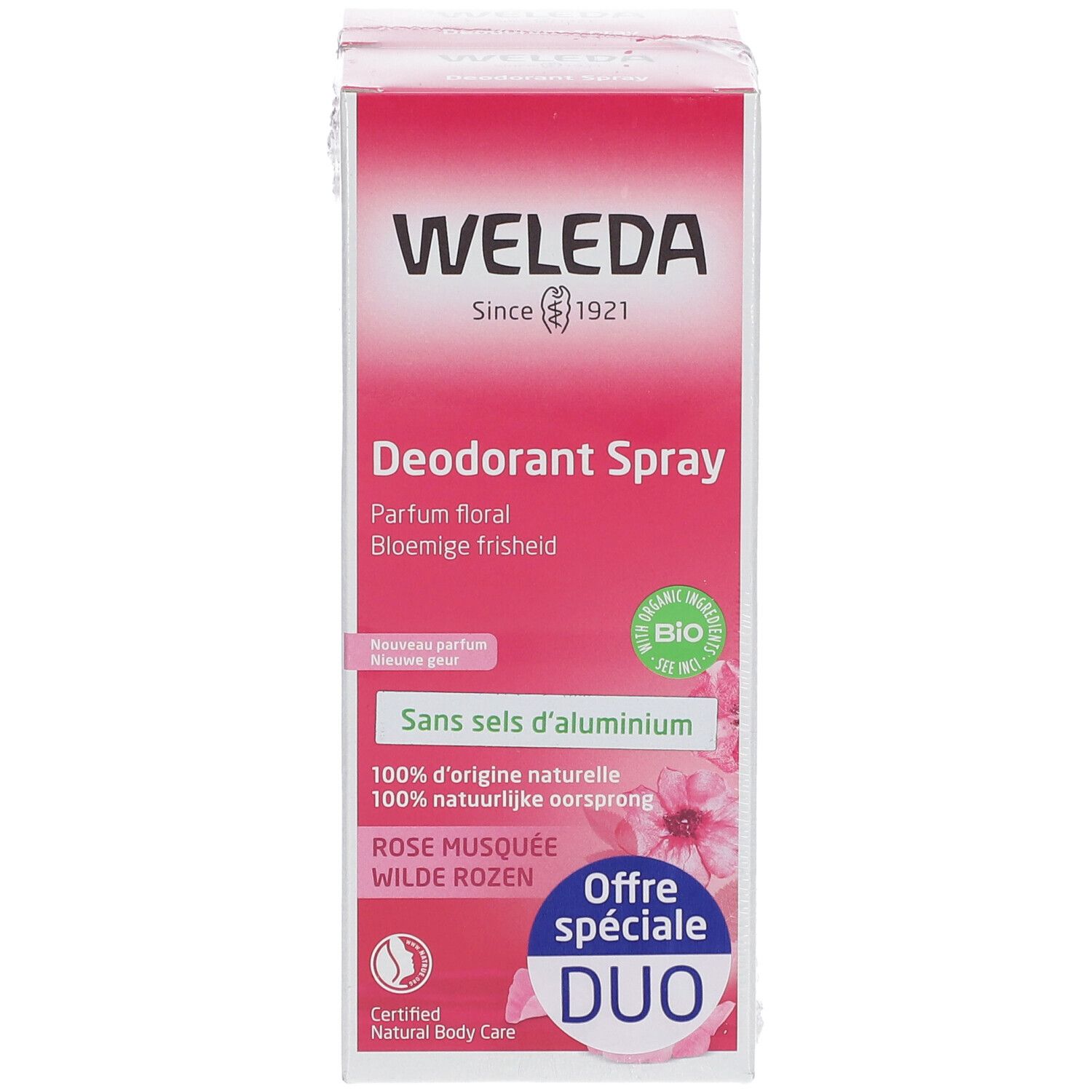 Emballage individuel Déodorant Spray WELEDA. Design rose, nom du produit, logo et offre Duo.