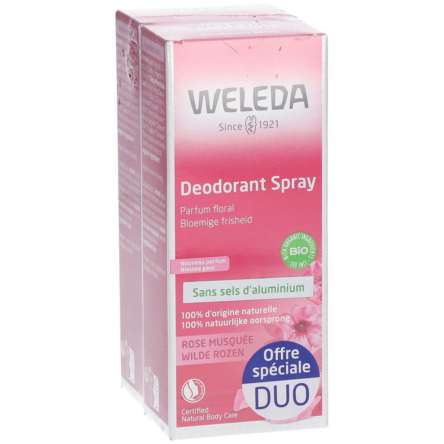 Pack de deux Déodorant Spray WELEDA. Emballage rose avec informations produit et logo. Offre spéciale Duo.