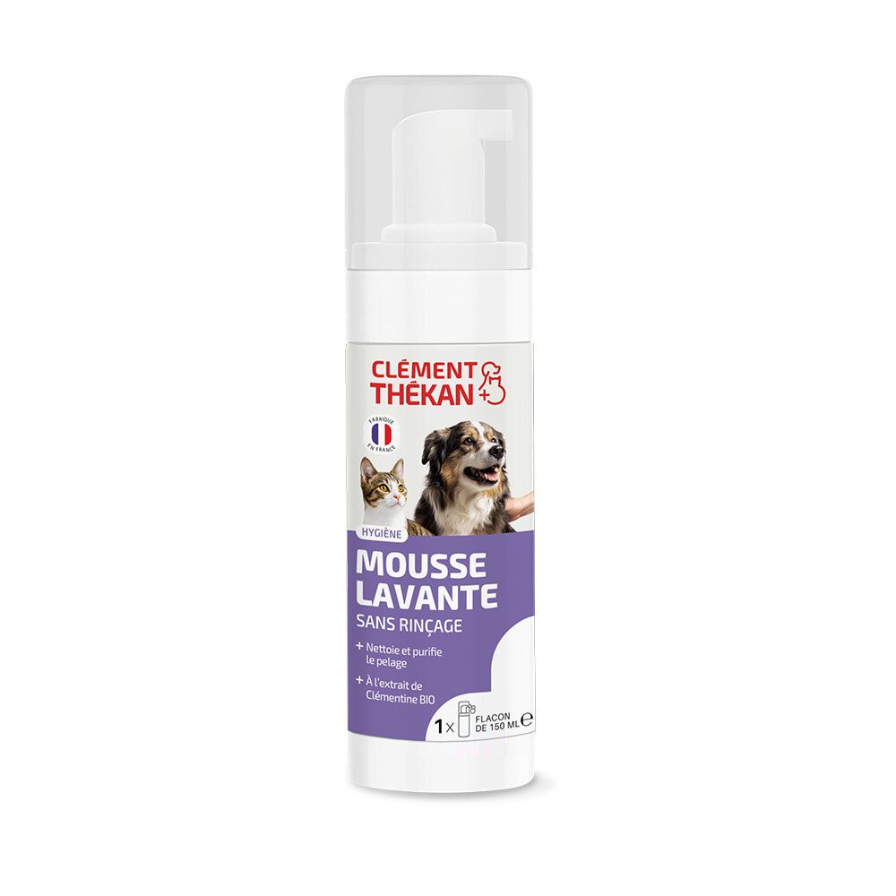 Weiße Flasche mit Sprühkopf. Aufschrift: Clément Thékan, Mousse Lavante. Abbildung von Katze und Hund. Violette und weiße Beschriftung.