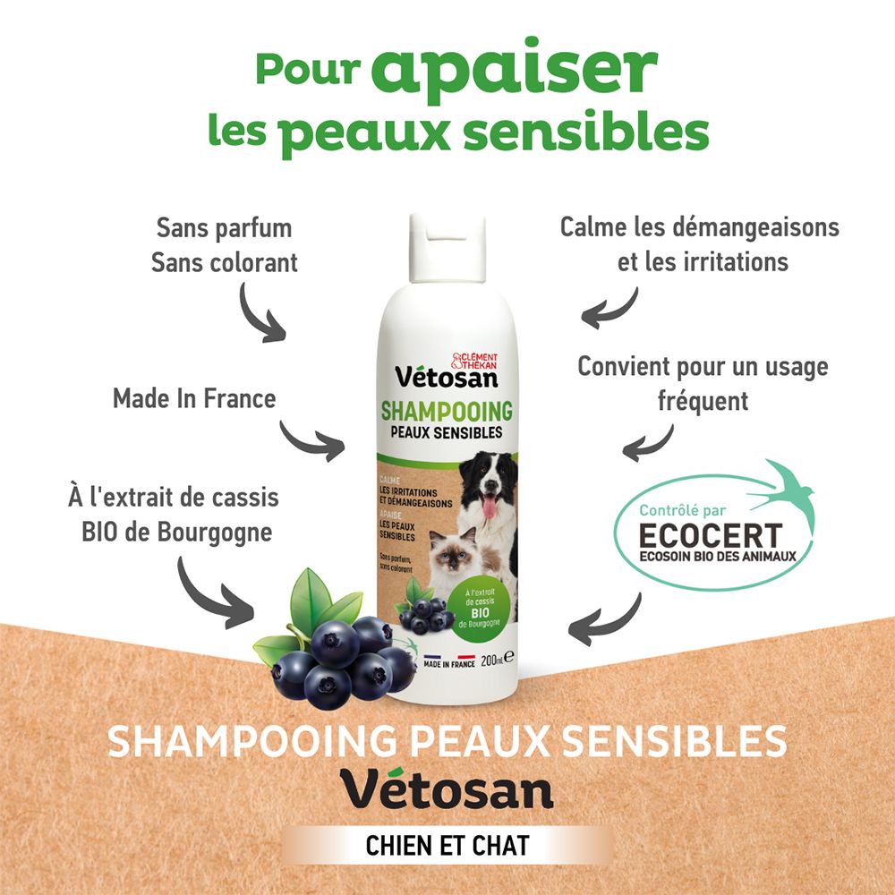 Produktflasche mit Text: Shampooing Peaux Sensibles. Text: Chien et Chat. Mit Ecocert-Zertifizierung.