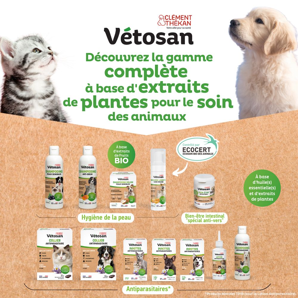 Verschiedene Vétosan-Produkte. Text: Découvrez la gamme complète à base d'extraits de plantes pour le soin des animaux.