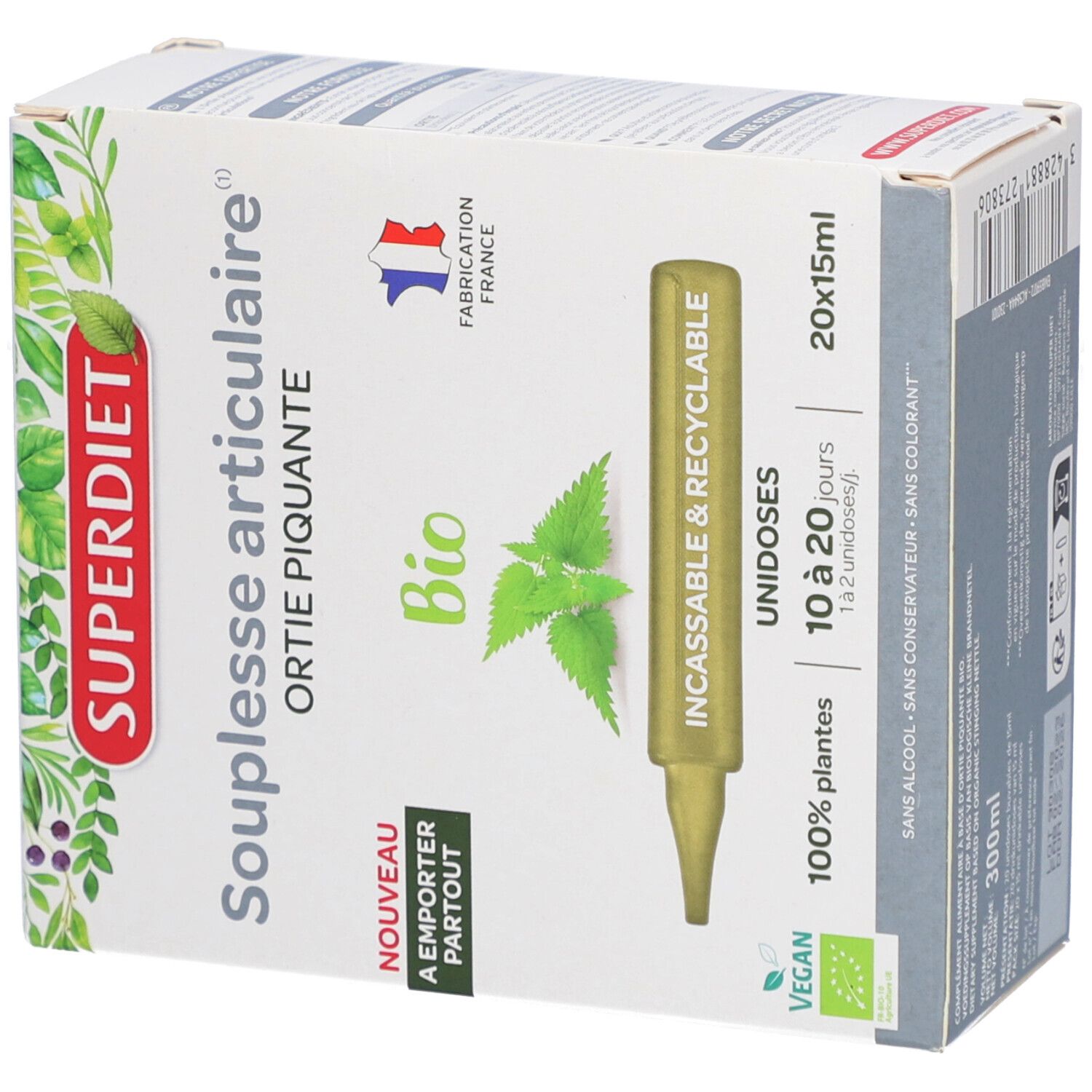 Schachtel mit Ampullen. Aufschrift: SUPERDIET, Souplesse articulaire, Bio, 20x15ml. Hergestellt in Frankreich. Vegan-Siegel. Unidosis.