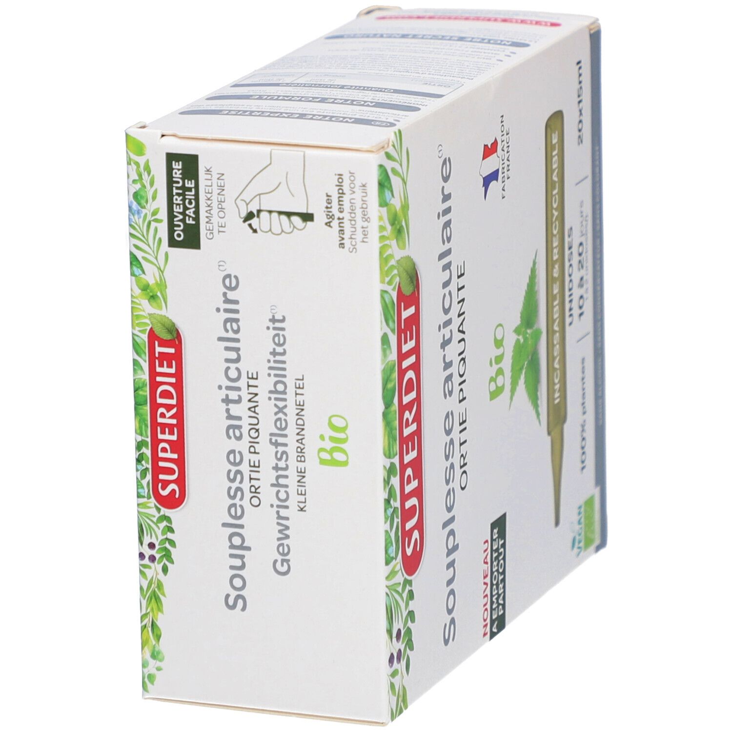 Schachtel mit Produktinformationen. Aufschrift: SUPERDIET, Souplesse articulaire, Bio. Vegan-Siegel. Öffnungsanleitung. Hergestellt in Frankreich.