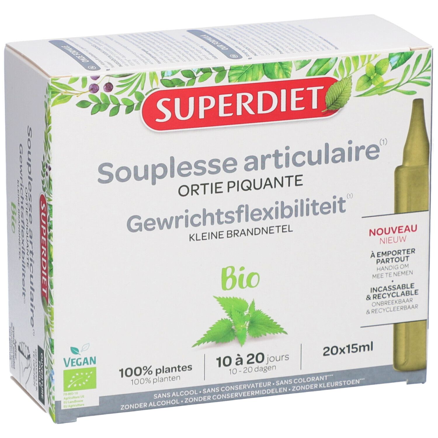 Schachtel mit Produktinformationen. Aufschrift: SUPERDIET, Souplesse articulaire, Bio, 20x15ml. Vegan-Siegel. Text: 100% Pflanzen, 10-20 Tage.