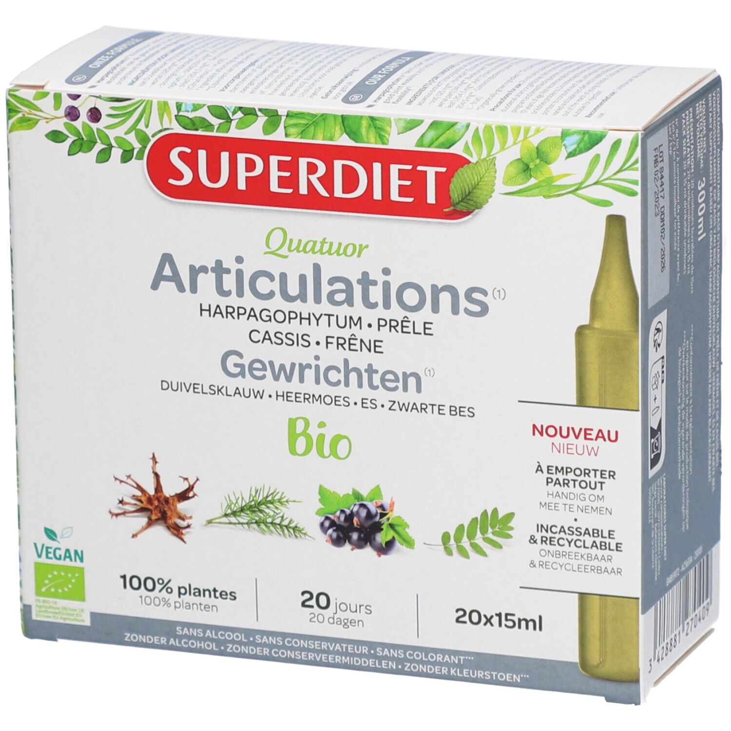 Verpackung mit Produktnamen und Inhaltsstoffen. Enthält 20 Ampullen. Vegan-Siegel.
