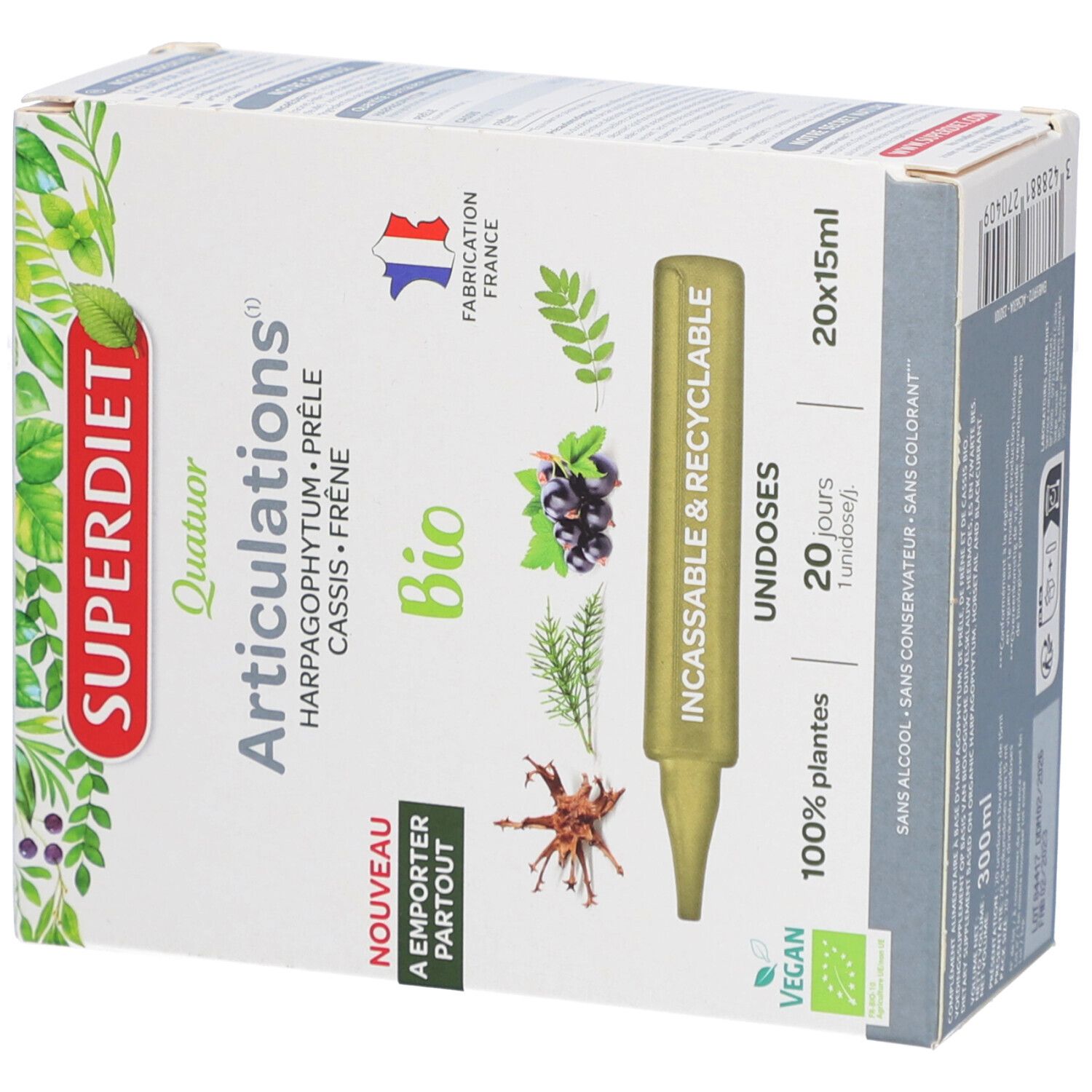 Produktverpackung mit Produktnamen und Inhaltsstoffen. Enthält 20 Einzeldosen. Vegan-Siegel.