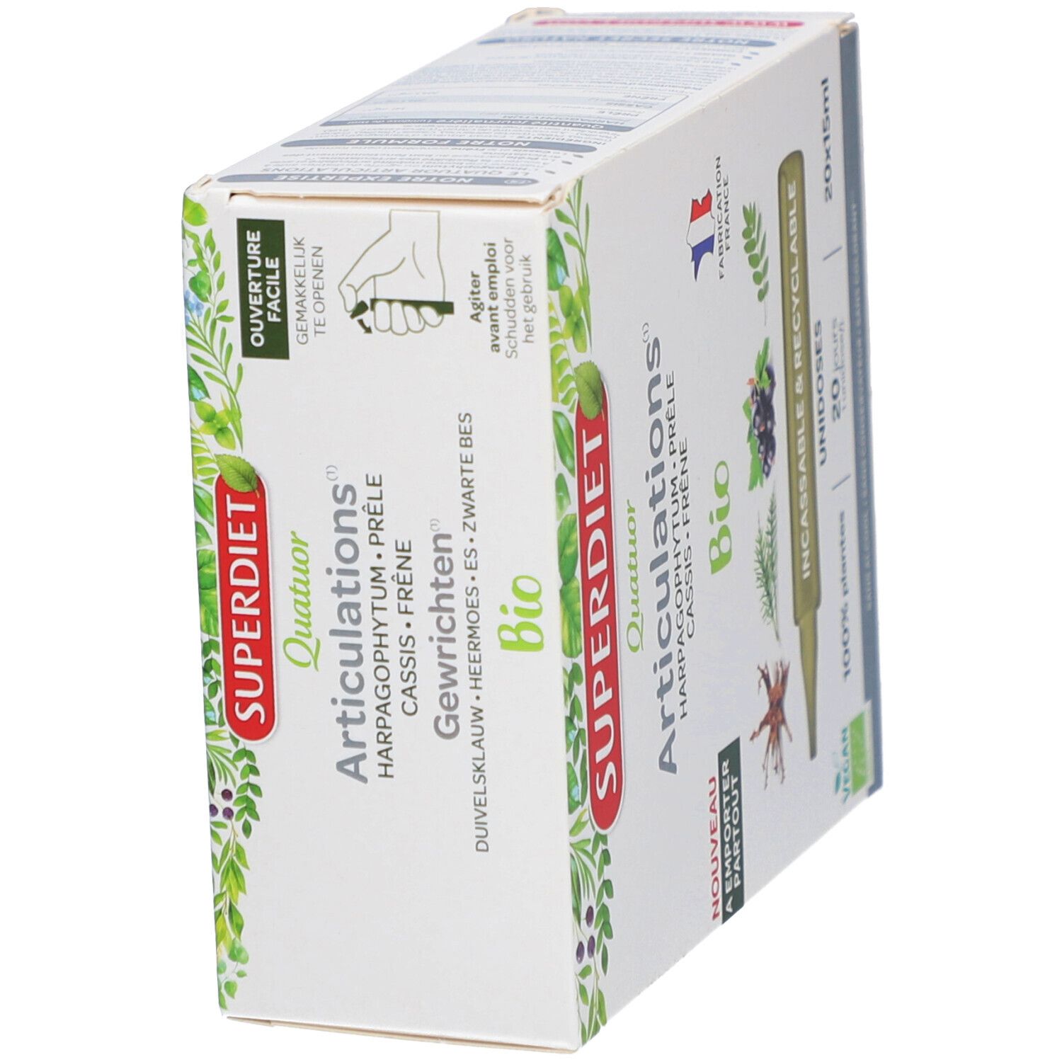 Produktverpackung mit Produktnamen und Inhaltsstoffen. Enthält 20 Einzeldosen. Vegan-Siegel.