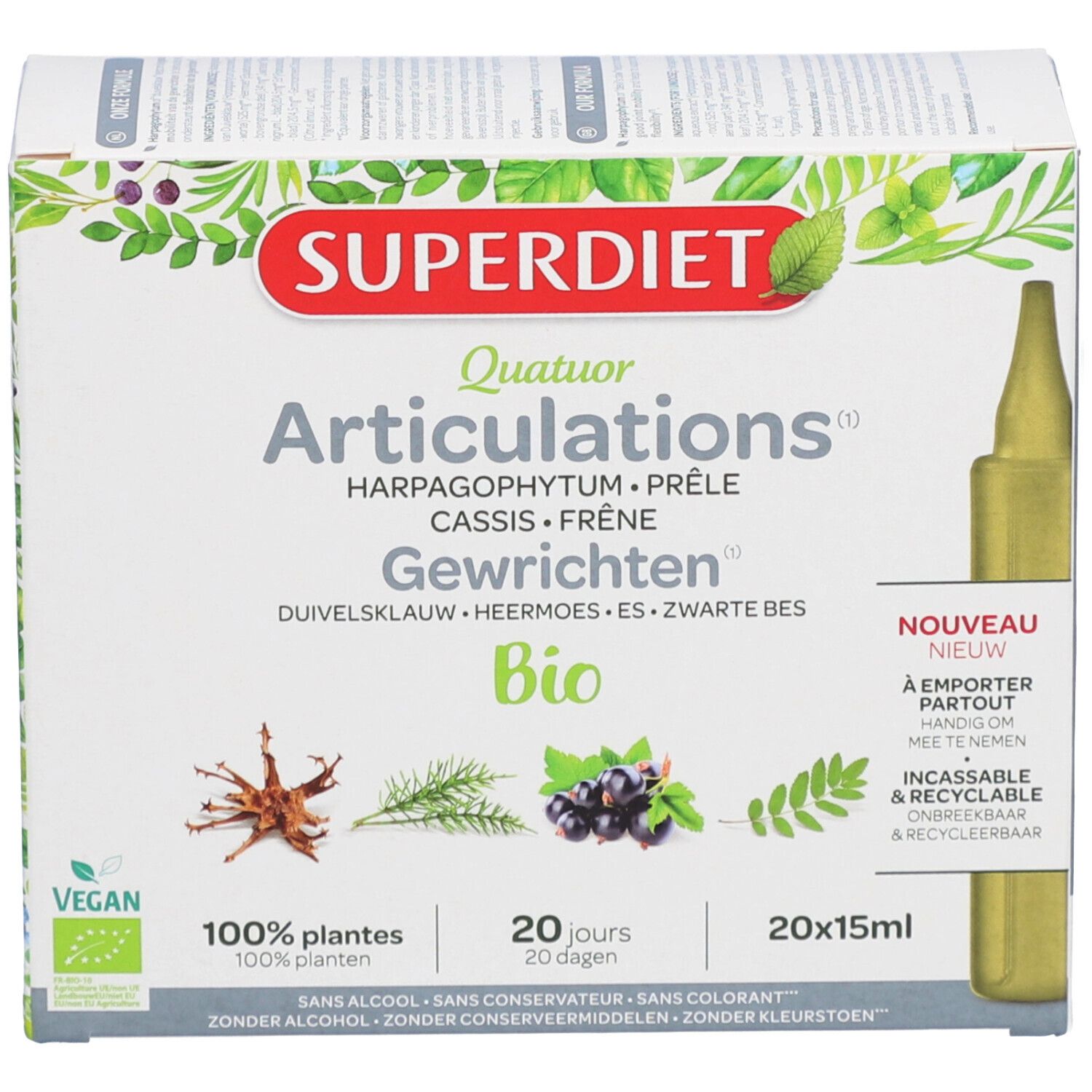 Produktverpackung mit Produktnamen und Inhaltsstoffen. Enthält 20 Ampullen. Vegan-Siegel.