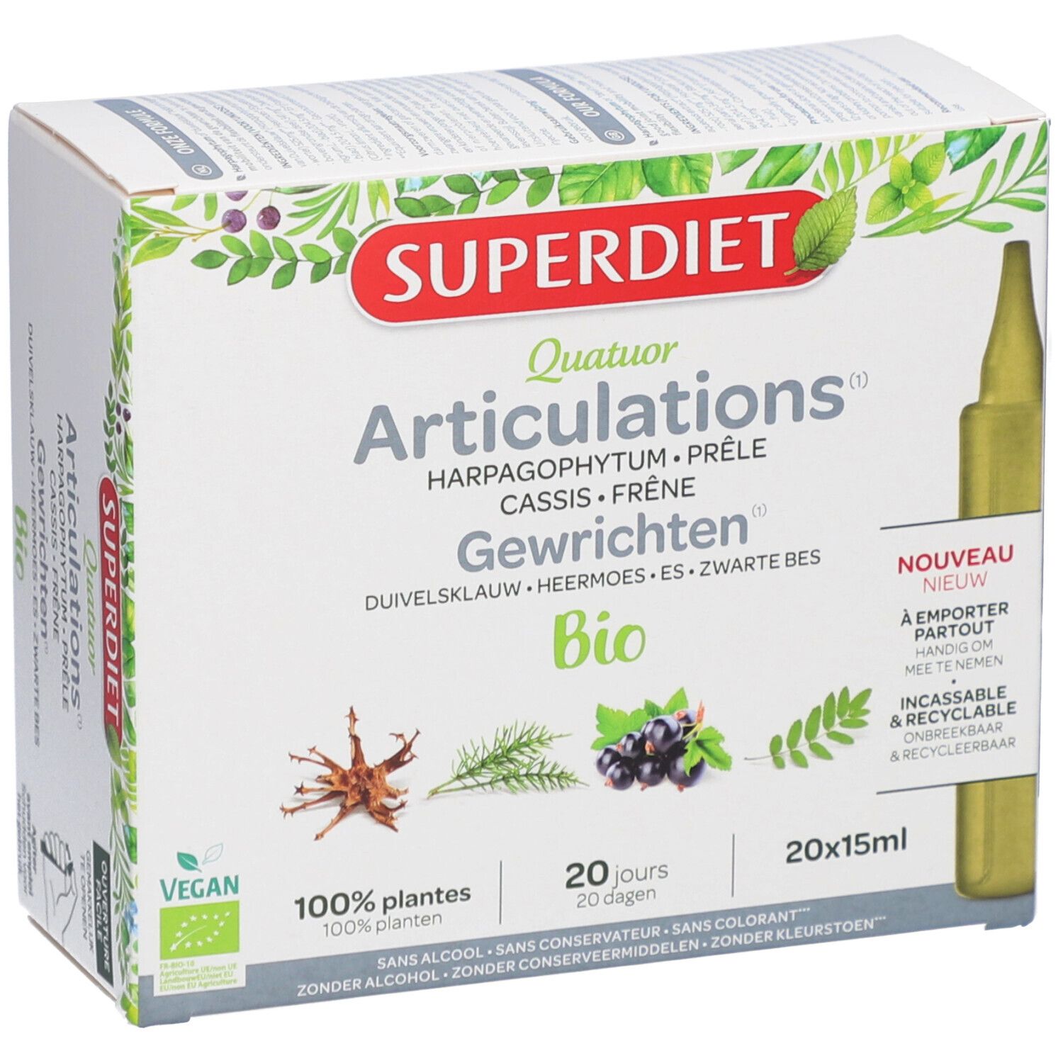 Produktverpackung mit Produktnamen und Inhaltsstoffen. Enthält 20 Ampullen. Vegan-Siegel.