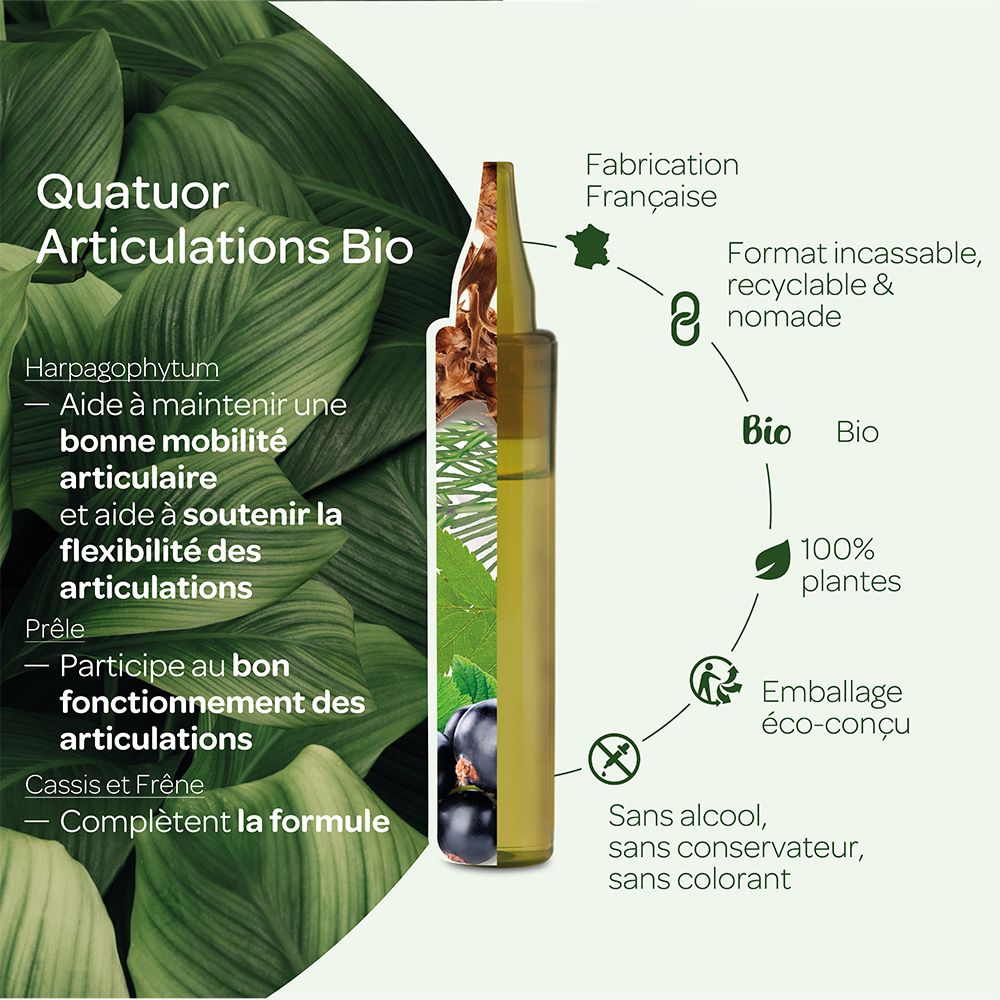 Produktabbildung mit Zutaten. Enthält Harpagophytum, Schachtelhalm, Cassis und Esche. Format: bruchsicher, recycelbar.