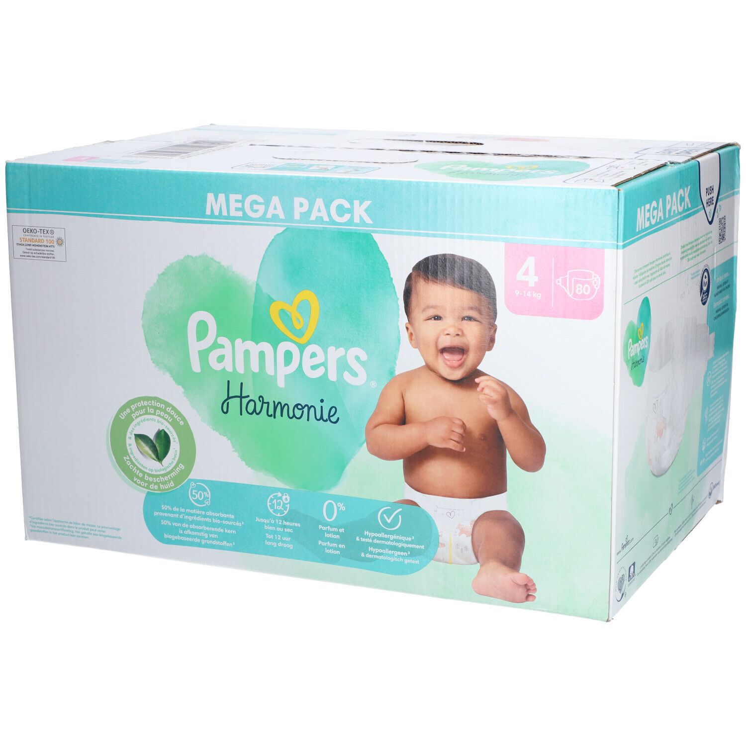 PAMPERS HARMONIE - Couche à base de coton et fibres végétales. Taille 4, 9 kg à 14 kg - me