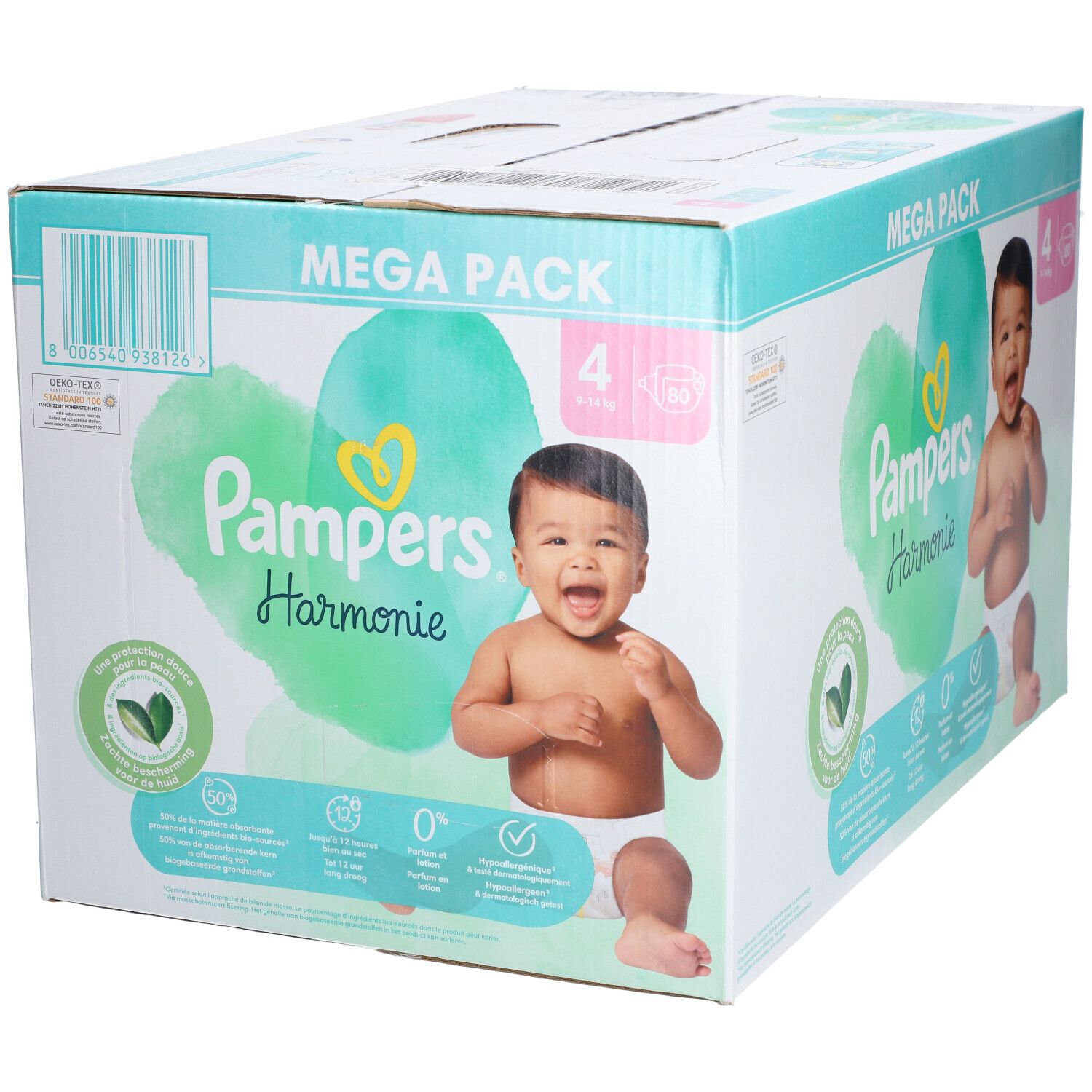 PAMPERS HARMONIE - Couche à base de coton et fibres végétales. Taille 4, 9 kg à 14 kg - me