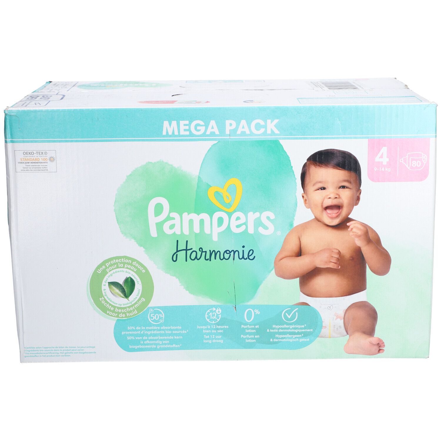 PAMPERS HARMONIE - Couche à base de coton et fibres végétales. Taille 4, 9 kg à 14 kg - me