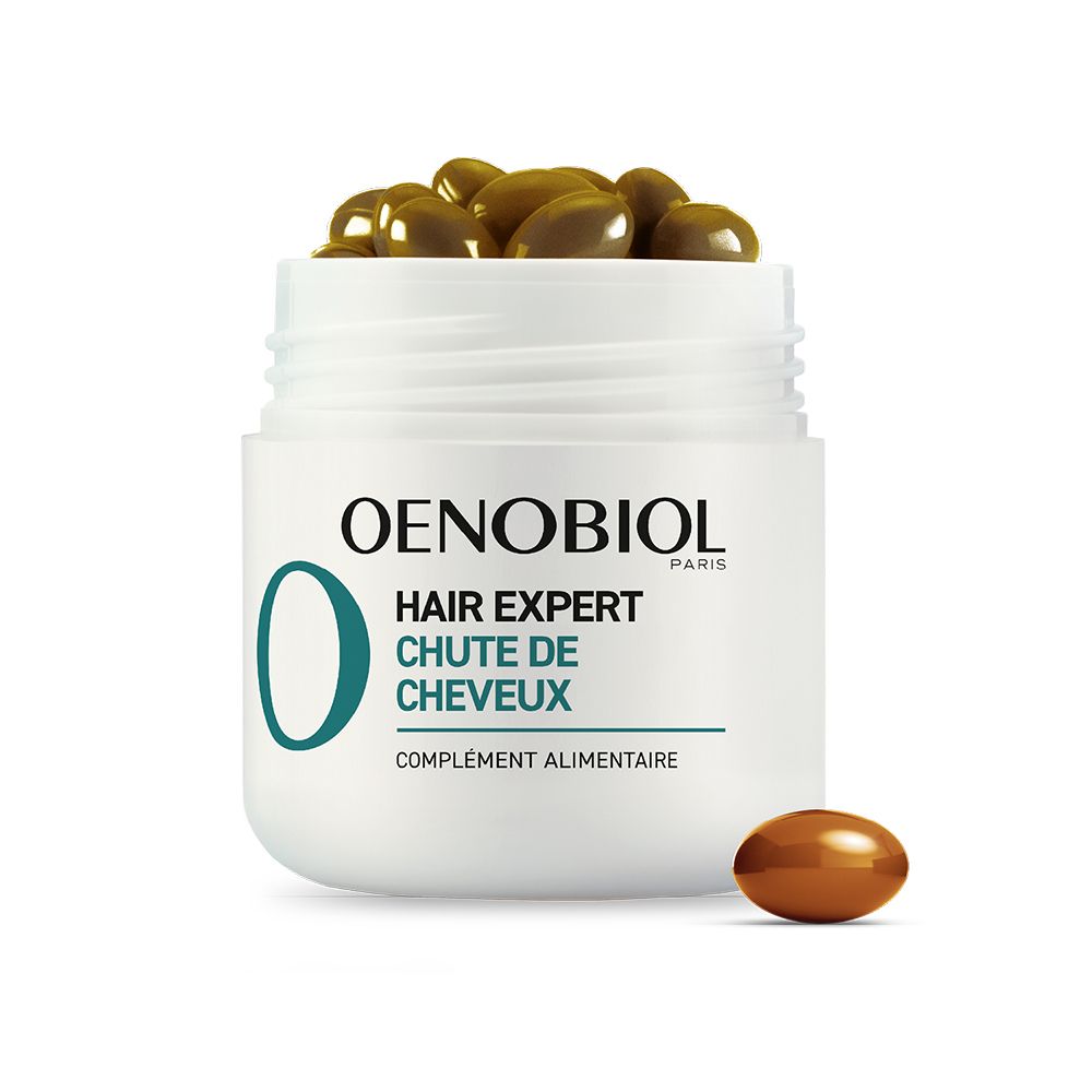 OENOBIOL-Behälter mit Kapseln. Hair Expert Chute de Cheveux. Ergänzungsmittel. Kapsel daneben.