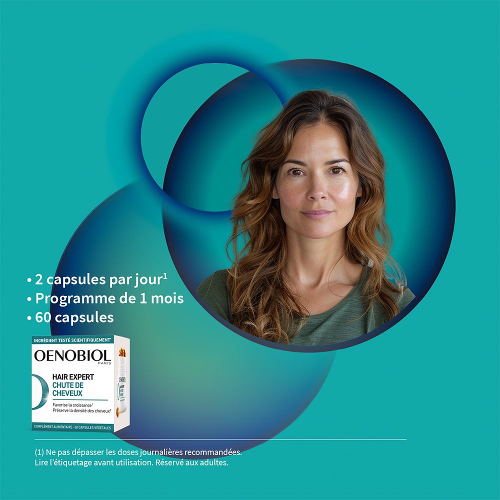 Frau mit Produkt. OENOBIOL Hair Expert Chute de Cheveux. 2 Kapseln pro Tag. 60 Kapseln.