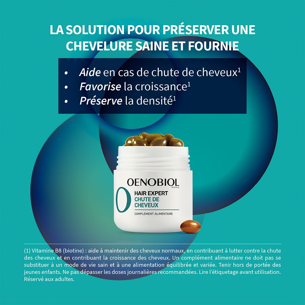 Produktabbildung. OENOBIOL Hair Expert Chute de Cheveux. Behälter mit Kapseln. Text.