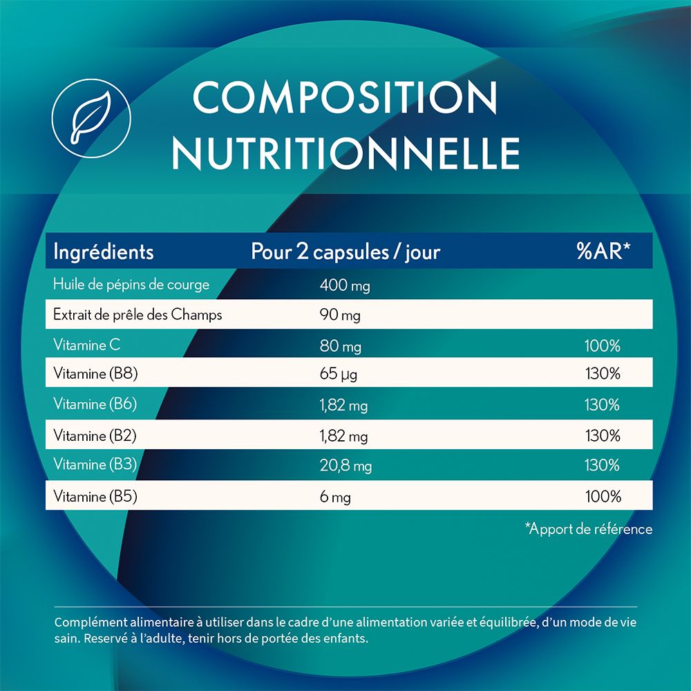 Nährwerttabelle. Inhaltsstoffe: Kürbiskernöl, Schachtelhalm, Vitamine B, C, B2, B3, B5, B6.