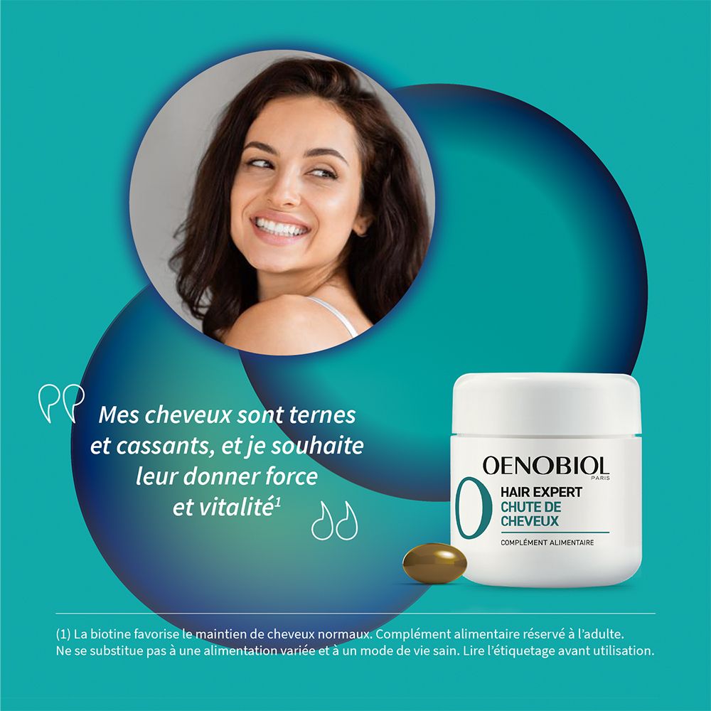 Frau mit Produkt. OENOBIOL Hair Expert Chute de Cheveux. Behälter mit Kapsel daneben.